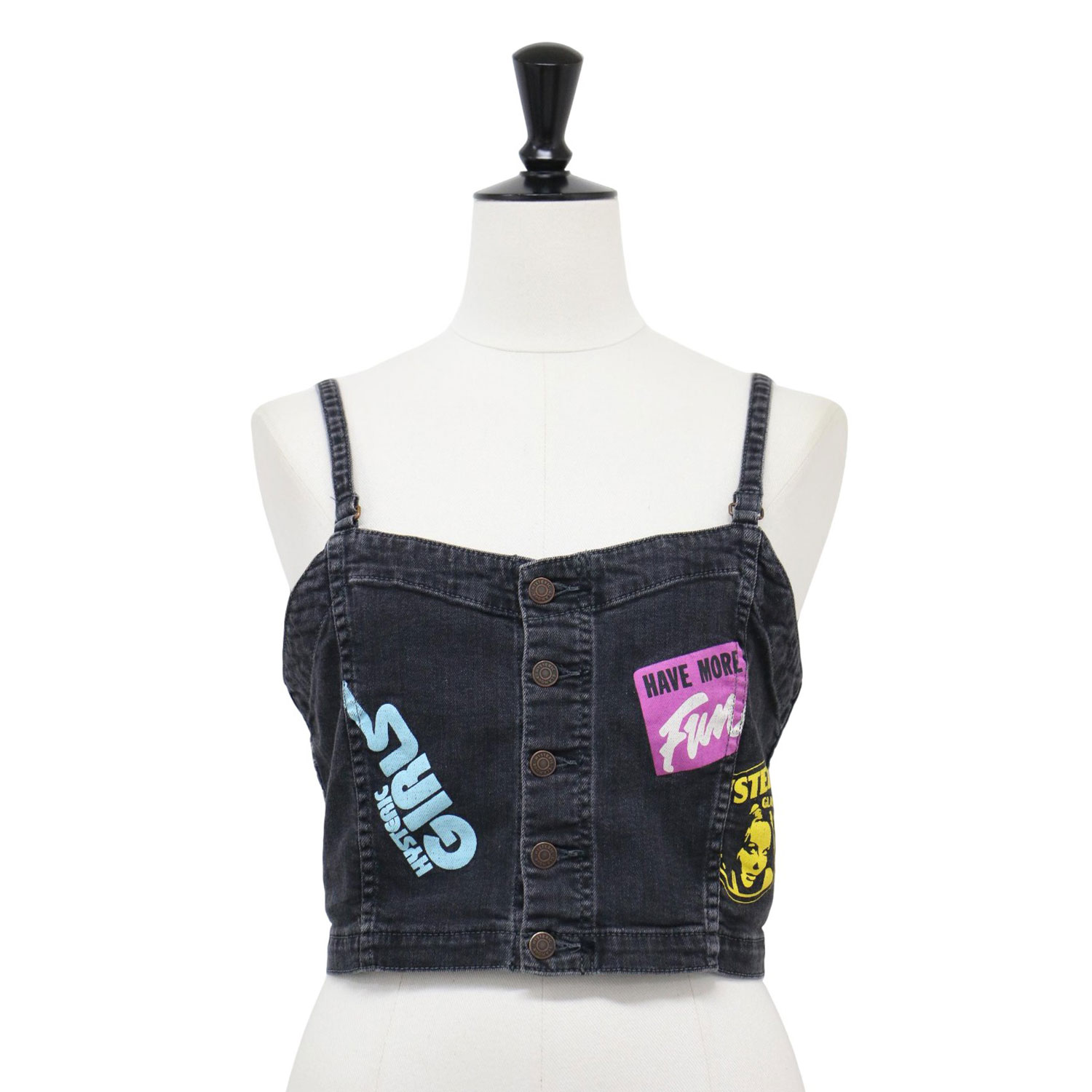 HYSTERIC GLAMOUR ヒステリックグラマー ビスチェ 黒 ブラック サイズ:S | USED加工 ストレッチ デニム ロゴ プリント ビスチェ | キャミソール ショート丈 コットン | トップス タンクトップ【レディース】【中古】【K4587】|ブランド古着のBEEGLE by Boo-Bee