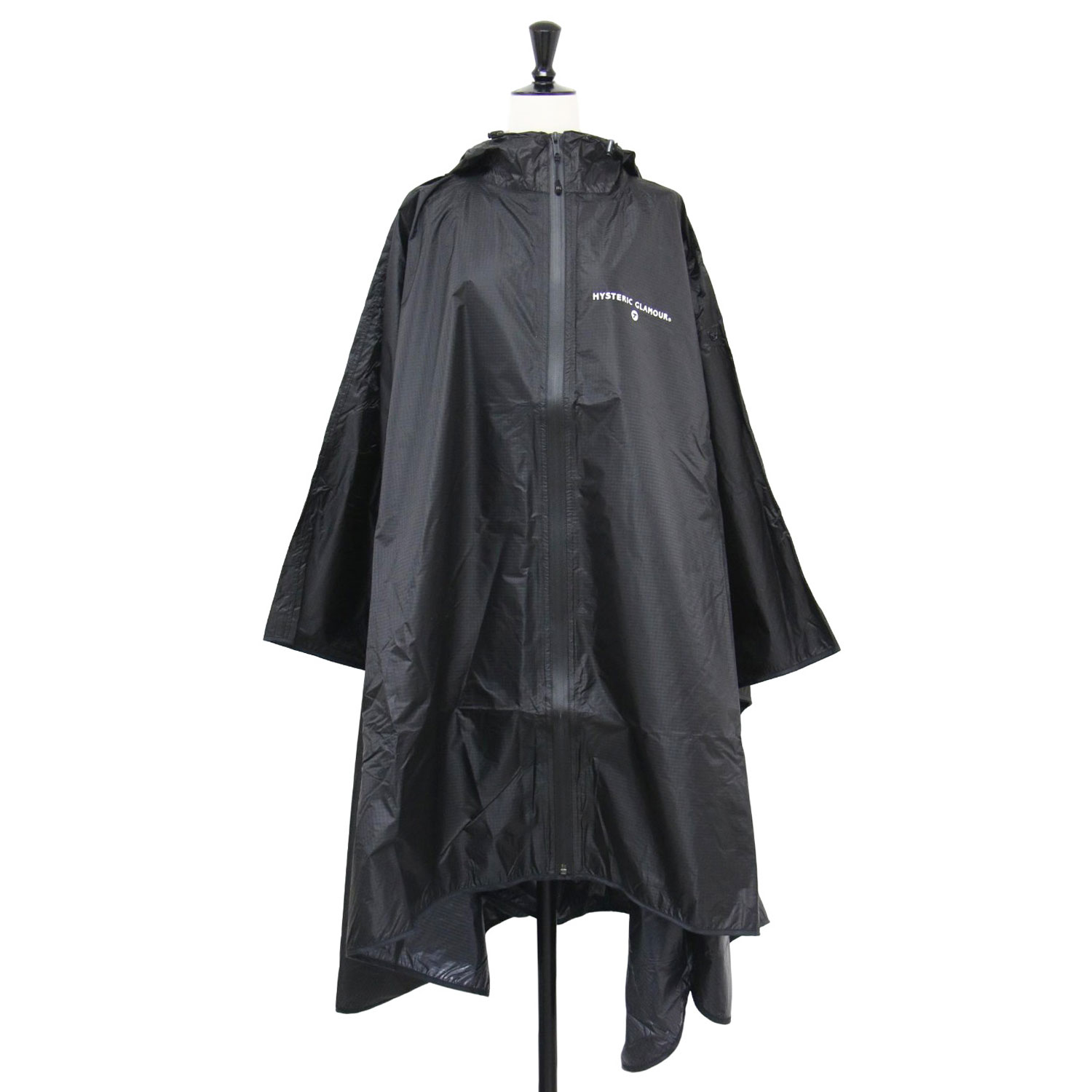 HYSTERIC GLAMOUR ヒステリックグラマー ポンチョ 黒 ブラック サイズ:FREE | 20春夏 シンボルロゴ ポンチョ | レインウェア ロング丈 フード付き パッカブル ナイロン | 上着 アウター 【レディース】【中古】【美品】【K4587】