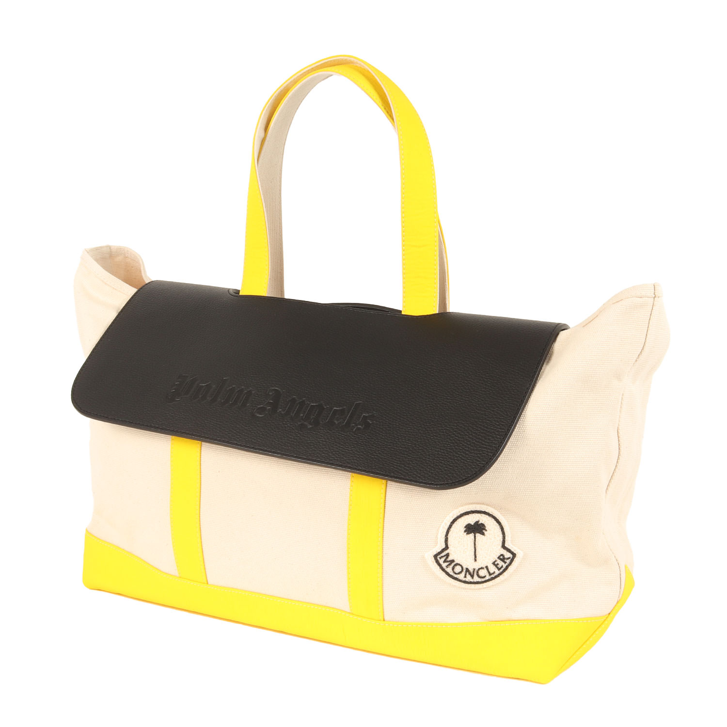 MONCLER モンク軌跡 御徒面子 | 23AW Palm Angels GENIUS 8 なめし革一部分付き添い人 キャンバストートバッグ (TOTE) | 自然的 黄色 黒いこと | 共同研究 ブランド名 嚢【メンズ】【中古】【美品】【K4840】