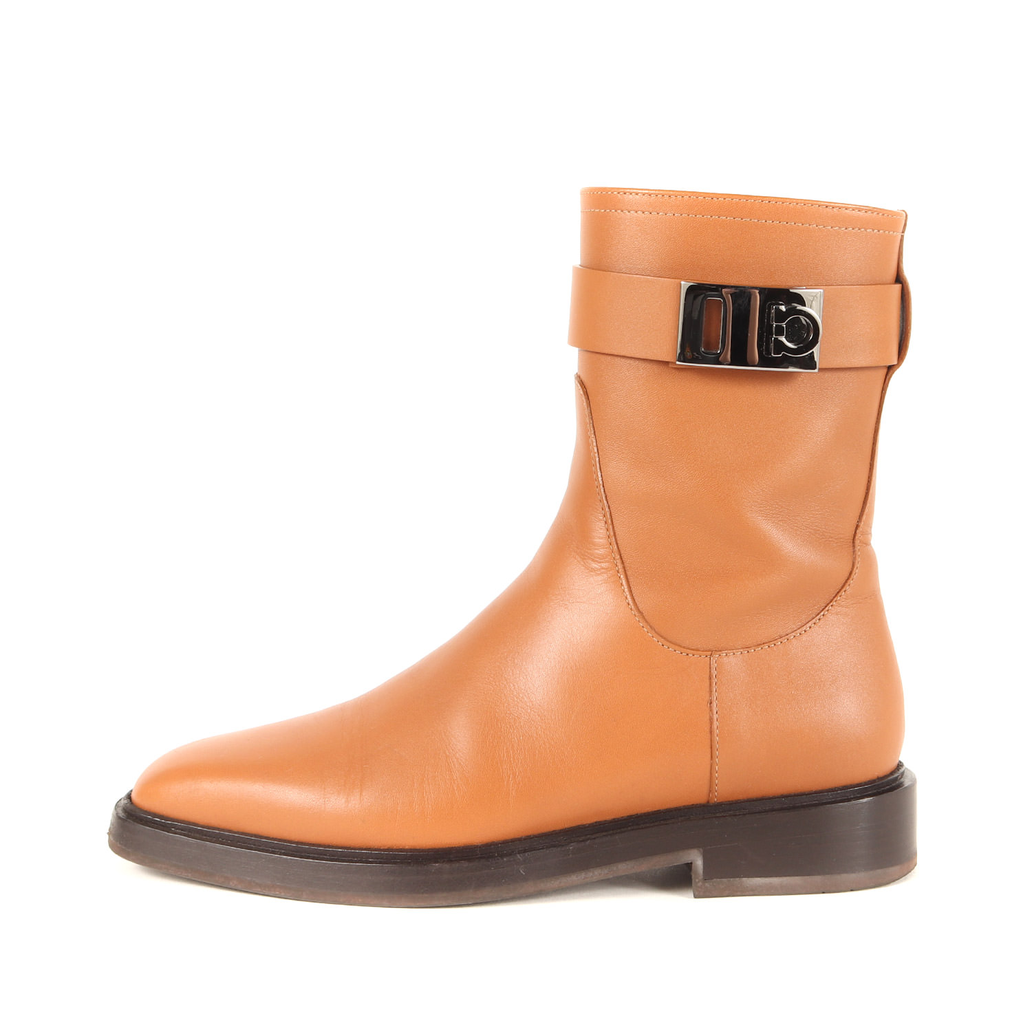 Salvatore Ferragamo サルヴァトーレ フェラガモ ブーツ キャメル サイズ:4 1/2(22.0cm) | ガンチーニ レザー ショート ブーツ | BALIR | フラット ベルト 牛革 | イタリア製 | ブランド シューズ 靴【レディース】【中古】【K4786】