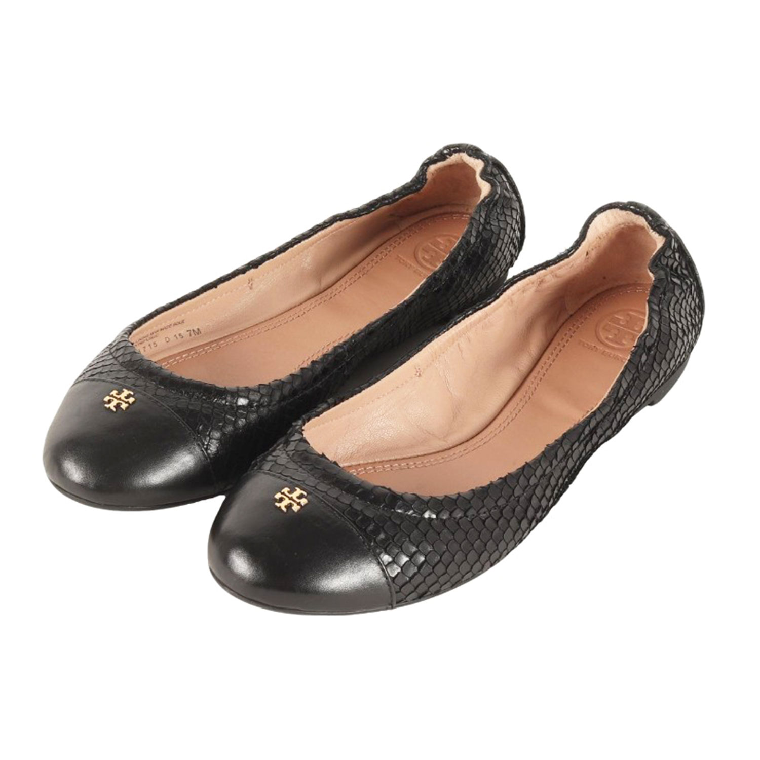 TORY BURCH トリーバーチ 大きさ:US7(24.0糎) | パイソン なめし革 二人組 バレー シューズ / パンプス | 平ったい ラウンドトゥ 金属元素ロゴタイプ 本革 | 黒いこと 黒 | ブランド名 靴【レディース】【中古】【K4839】