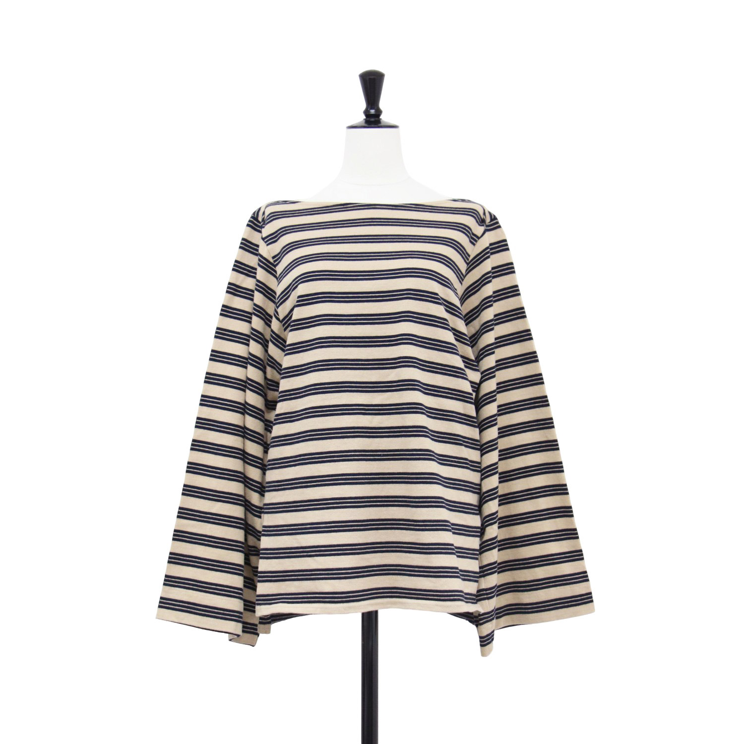 Plage プラージュ Tシャツ ベージュ ブラック サイズ:FREE | 25秋冬 ワイド スリーブ ボーダー Tシャツ | wide sleeve | 長袖 ボートネック コットン | トップス カットソー【レディース】【中古】【K4650】｜ブランド古着のBEEGLE by Boo-Bee