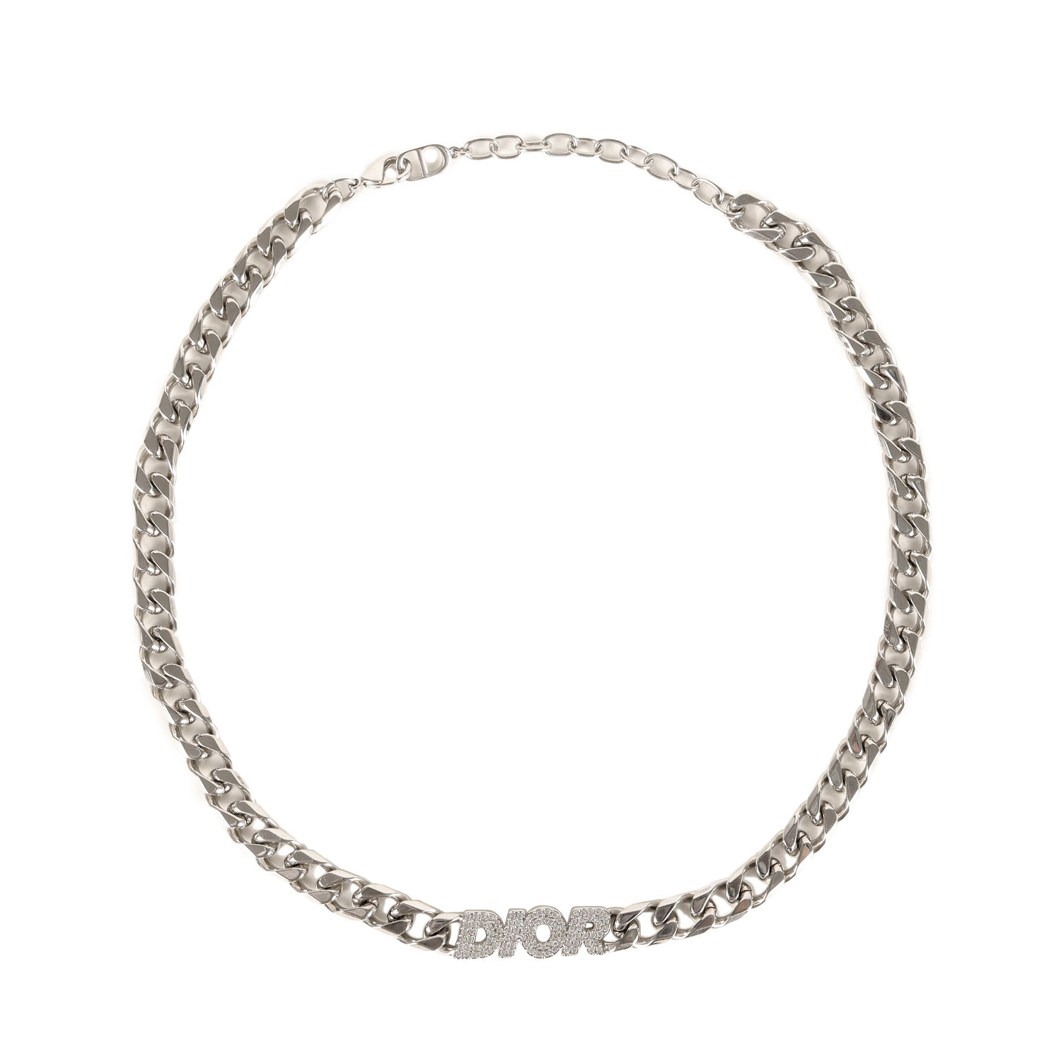 Dior ディオール | クリスタル ラインストーン ロゴ チェーン リンク ネックレス | シルバー | ブランド アクセサリー ジュエリー 小物【メンズ】【中古】【美品】【K4774】