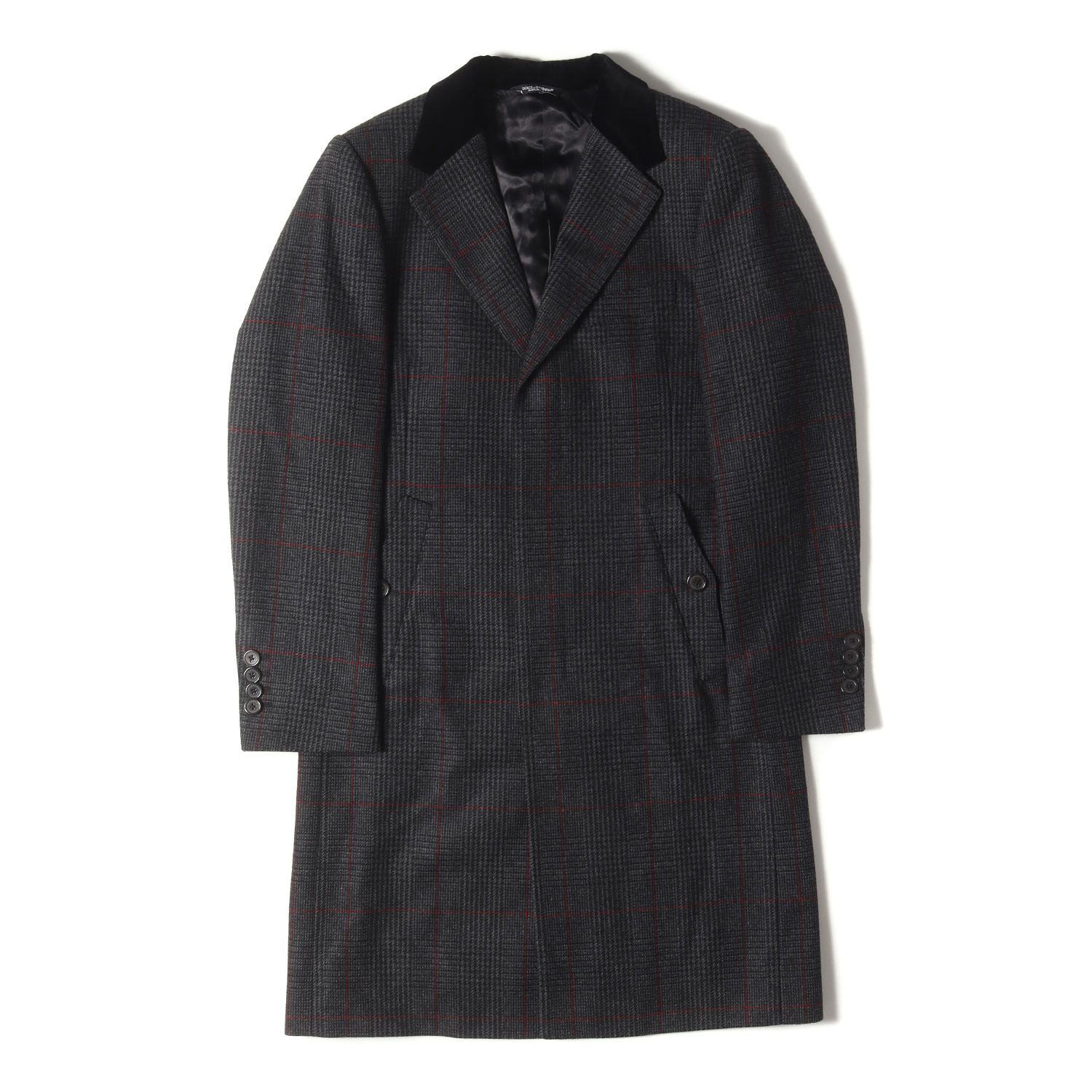 DOLCE&GABBANA ドルチェ&ガッバーナ コート ブラック グレー サイズ:46 | 襟ベルベット グレンチェック ウール チェスター コート | アウター ジャケット 上着 | イタリア製【メンズ】【中古】【K4746】