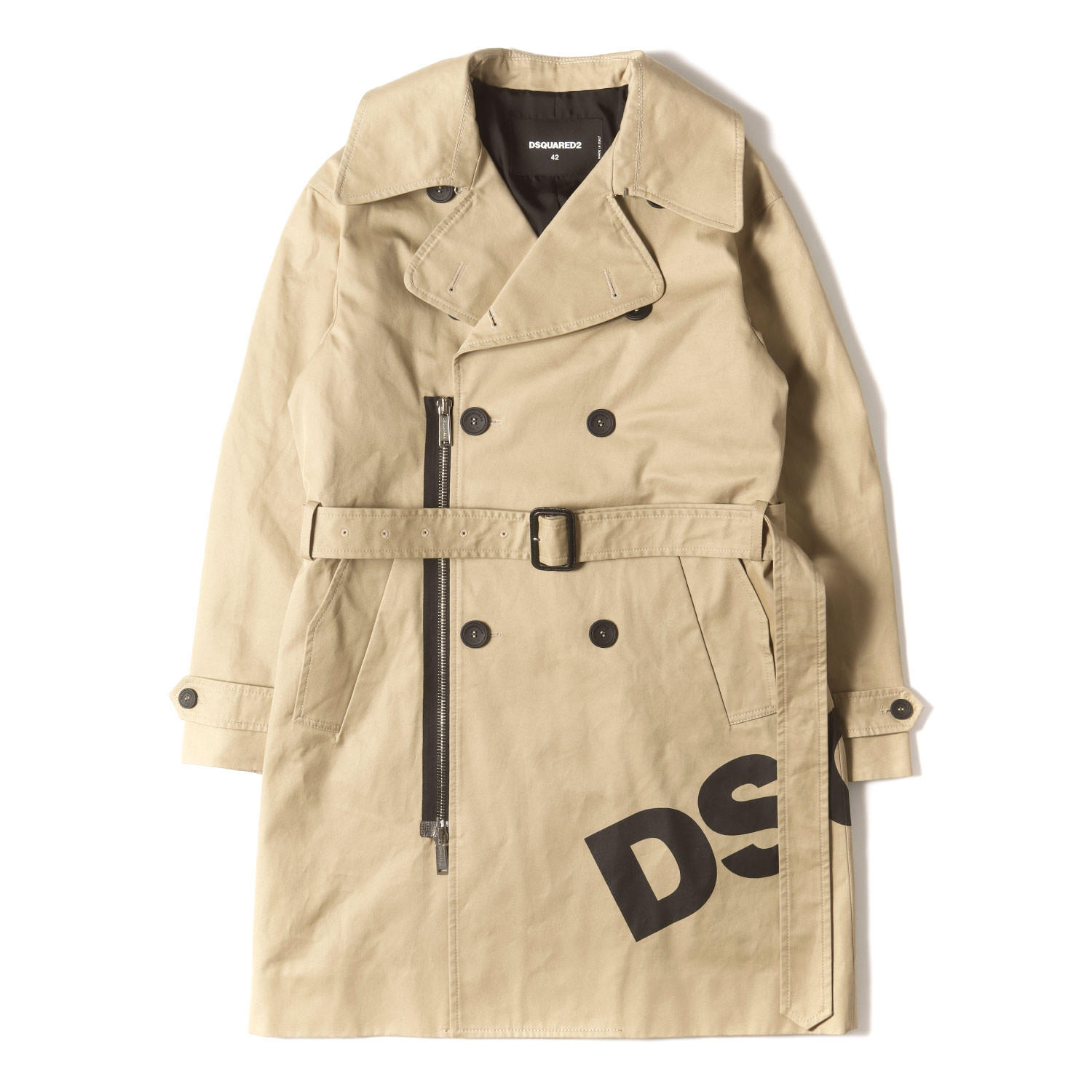 DSQUARED2 ディースクエアード コート ベージュ サイズ:42 | ビッグロゴプリント ライダースタイプ コットンツイル トレンチコート | イタリア製 | アウター ジャケット 上着【メンズ】【中古】【K4746】