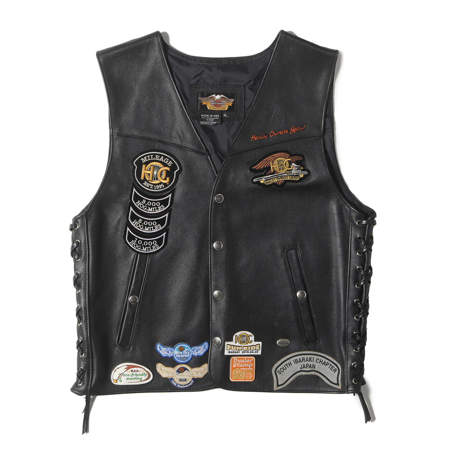 HARLEY-DAVIDSON ハーレーダビッドソン ベスト ブラック 黒 サイズ:XL | 00s ワッペン カスタム サイド編上げ レザー ボタン ベスト | USA製 | HARLEY OWNERS GROUP(HOG) | 00年代 古着 ヴィンテージ | トップス【メンズ】【中古】【K4783】
