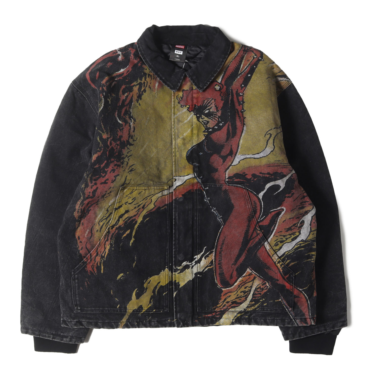 HUF ハフ ジャケット ウォッシュドブラック 黒 サイズ:XL | 近年モデル | MARVEL X-MEN ダークフェニックス ブラックダック ワークジャケット (X-MEN DARK PHOENIX WORK JACKET) | アウター ブルゾン 上着 | コラボ【メンズ】【中古】【新品同様】【K4807】