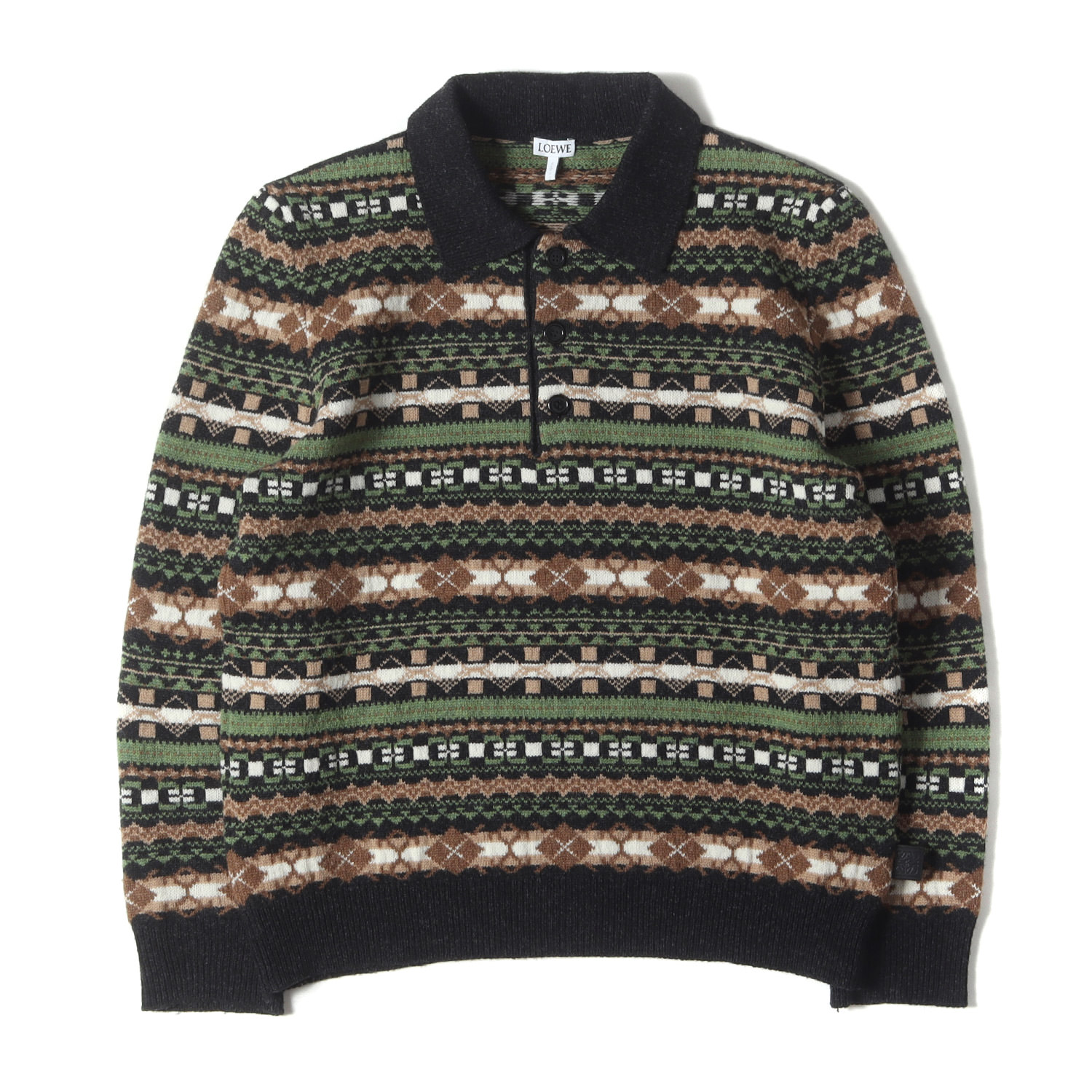 LOEWE ロエベ ポロシャツ サイズ:S | 24AW フェアアイル ジャカード ニット ポロシャツ (Fair Isle Knit Polo) | ダークグレー グリーン ベージュ | トップス セーター【メンズ】【中古】【美品】【K4773】