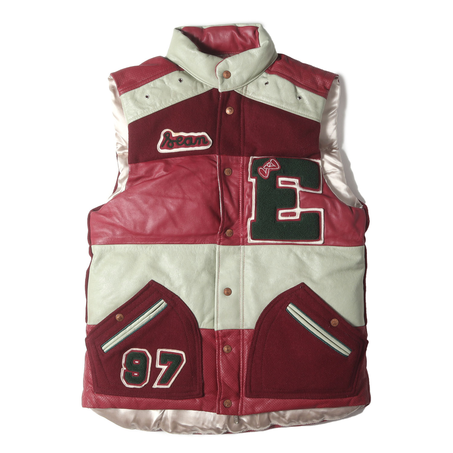 Dr Romanelli ドクター ロマネリ ベスト バーガンディー グレー系 サイズ:44 | 90s TM Athleticsボディ使用 | ヴィンテージ 再構築 レザー切替 ワッペンカスタム メルトンウール ダウンベスト | アウター ジャケット ブルゾン 上着【メンズ】【中古】【K4704】