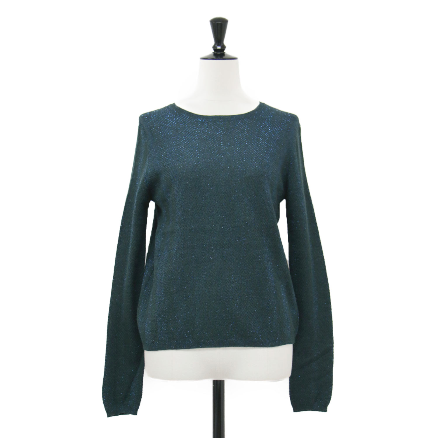 PRADA プラダ ニット グリーン系 サイズ:40(M) | ウール シルク ラメ ニット | ショート丈 長袖 クルーネック ヘリンボーン | イタリア製 | トップス セーター【レディース】【中古】【K4780】