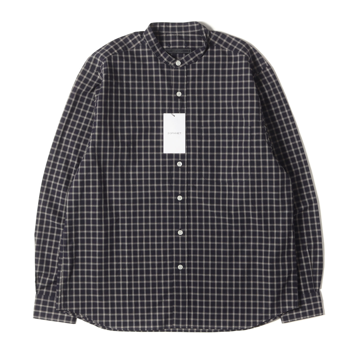 SOPHNET ソフネット シャツ ネイビー 紺 サイズ:S | 23AW バンドカラー チェック コットンブロード シャツ | トップス カジュアルシャツ 長袖【メンズ】【K4777】