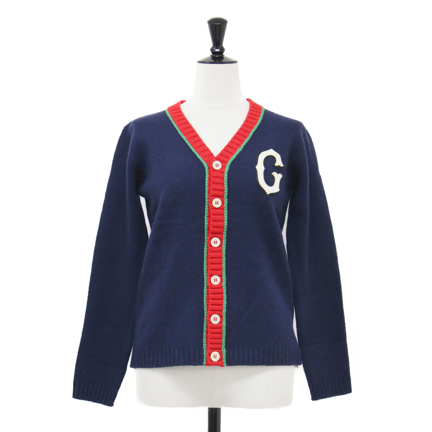 GUCCI グッチ カーディガン ネイビー レッド グリーン サイズ:10(KIDS140cm) | チルドレン ニット カーディガン | Vネック 長袖 ワッペン 配色 キッズ ウール | イタリア製 | トップス セーター【レディース】【中古】【K4837】|ブランド古着のBEEGLE by Boo-Bee
