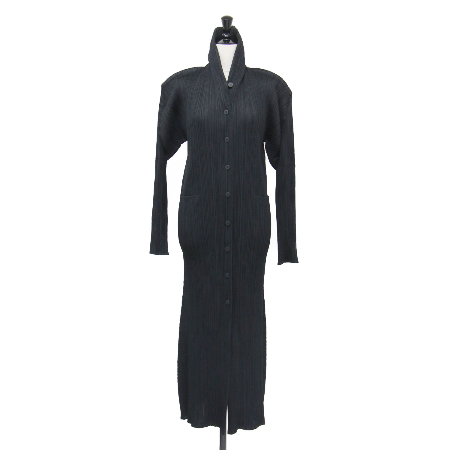 PLEATS PLEASE プリーツプリーズ ワンピース ブラック 黒 サイズ:4(XL) | プリーツ ショールカラー シャツワンピース | ロング 長袖 | 日本製 | トップス ドレス【レディース】【中古】【K4858】｜ブランド古着のBEEGLE by Boo-Bee