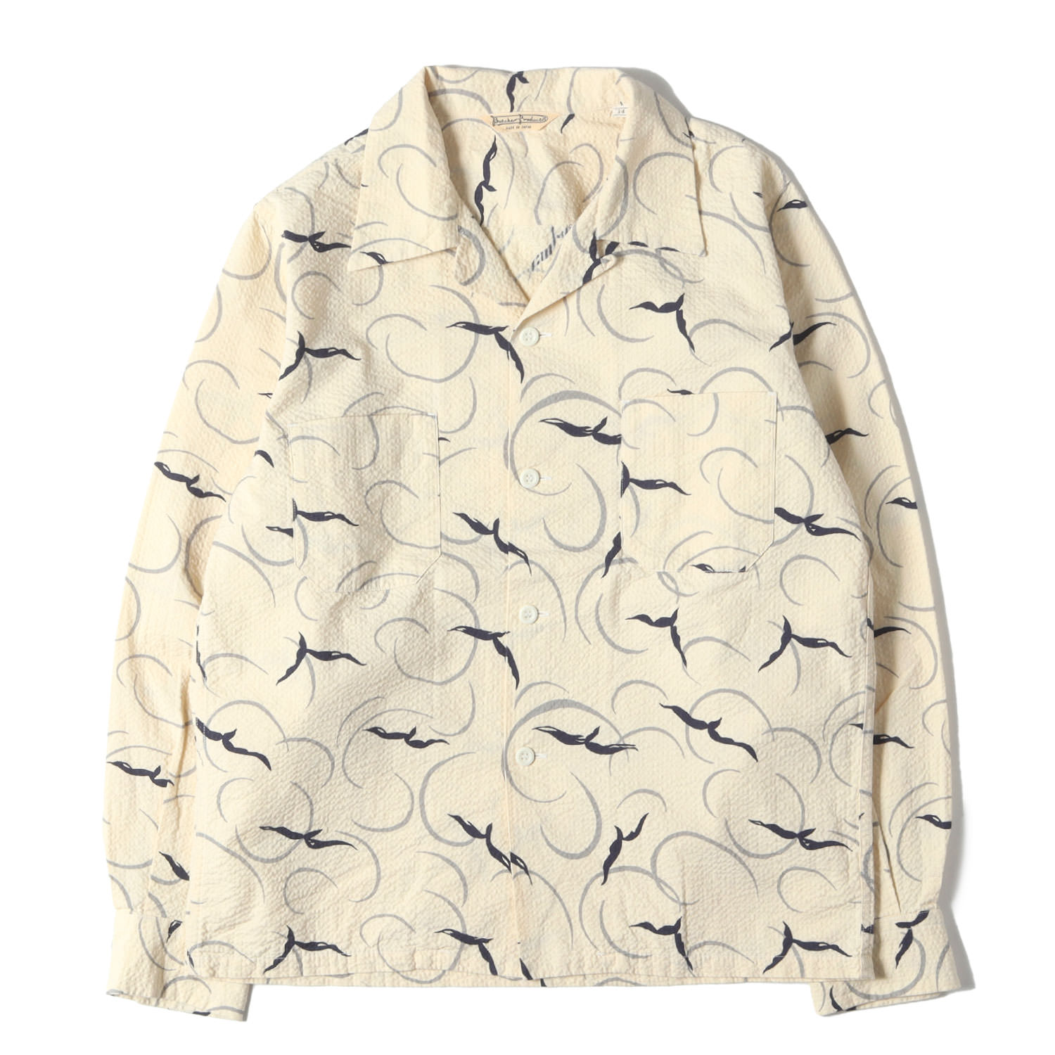 At LAST&CO アットラスト シャツ ベージュ サイズ:14 BUTCHER PRODUCTS | バード 総柄 シアサッカー オープンカラーシャツ | トップス カジュアルシャツ 長袖【メンズ】【中古】【K4746】