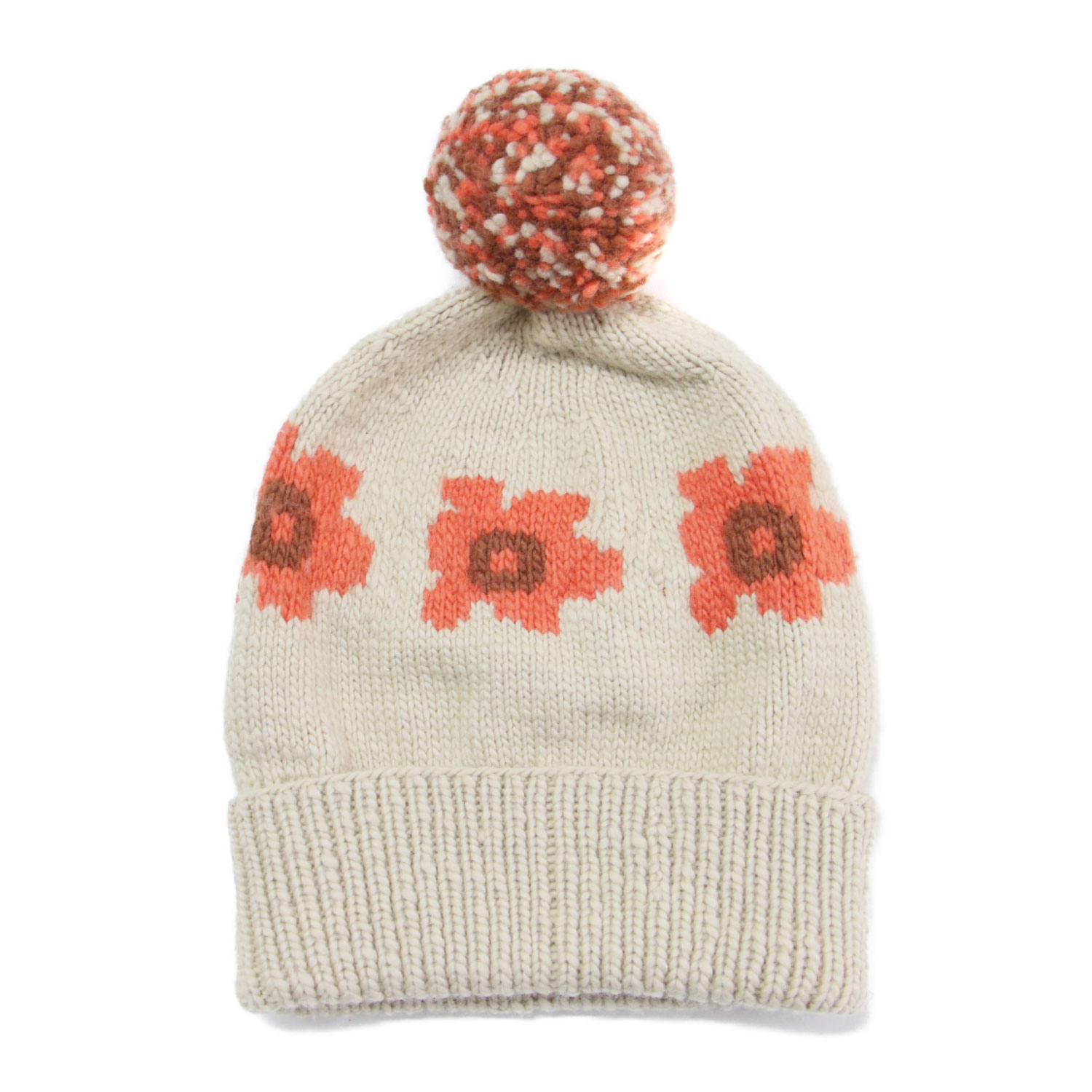 CHAMULA チャムラ ニットキャップ | 24秋冬 ポピー柄 ニットキャップ | Double Cuff Cap JPNYC Poppy | 帽子 ポンポン 花柄 ウール | ベージュ オレンジ ブラウン【レディース】【中古】【美品】【K4792】｜ブランド古着のBEEGLE by Boo-Bee