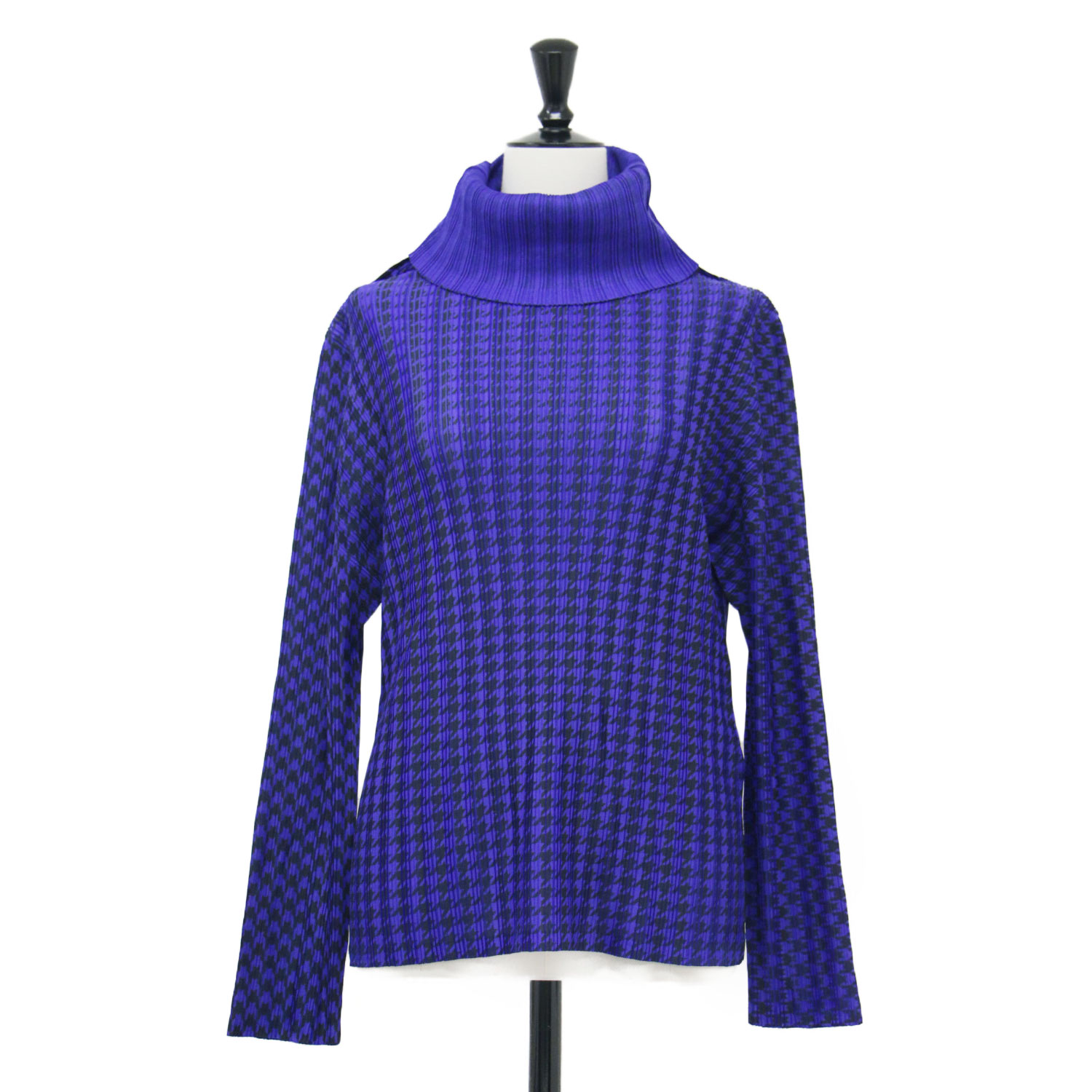 PLEATS PLEASE プリーツプリーズ カットソー パープル ブラック サイズ:3(L) | プリーツ 千鳥柄 ハイネック プルオーバー / カットソー | 長袖 ハウンドトゥース | トップス カットトップス ブラウス | 日本製【レディース】【中古】【美品】【K4787】