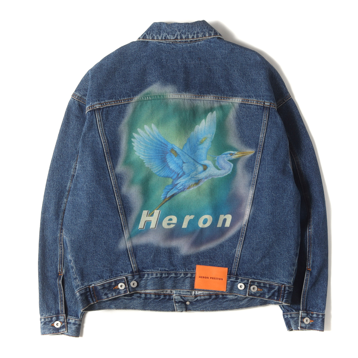 HERON PRESTON 戸呂 プレストン 上衣 インディゴ 大いさ:M | 小鳥刷り上げる 大層らしい大いさ ジーンズ上衣 (AIRBRUSH DENIM JACKET) | アウター Gジャン 上衣 厚地の外套【メンズ】【中古】【美品】【K4837】