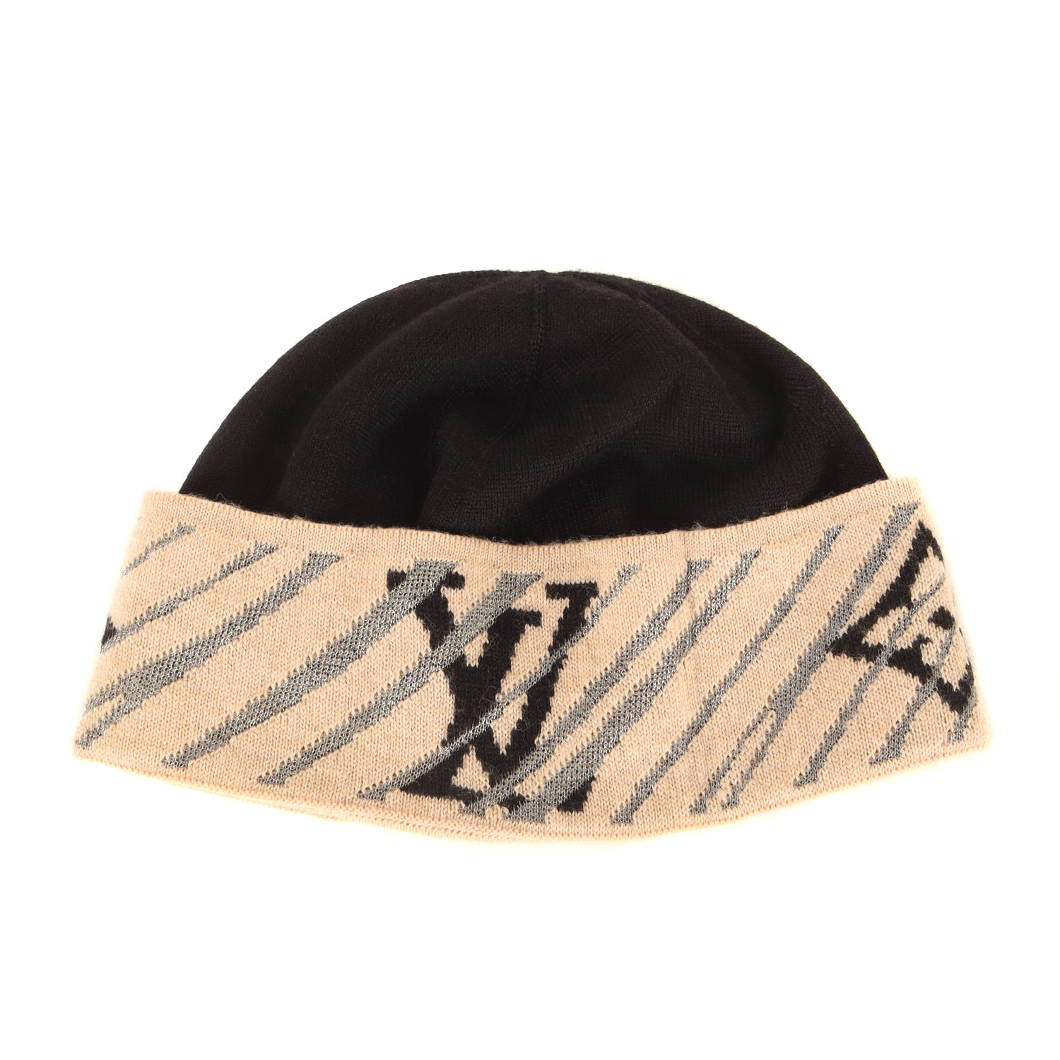 LOUIS VUITTON ルイヴィトン ビーニー 黒いこと ベージュ 大きさ:FREE | LVロゴタイプ 羊毛編み物 旗がしら (M70446) | イタリア製 ブランド名 かぶり笠【メンズ】【中古】【K4837】