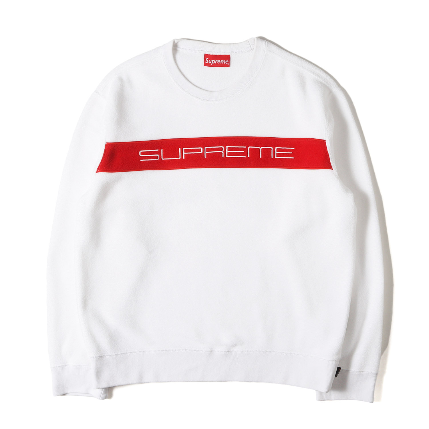 Supreme シュプリーム 流汗 白いこと 赤いこと 白赤 大きさ:S | 19AW ダイアログボックスロゴタイプ ポーラテック フリース 労働者の一団素っ首 流汗 (Polartec Crewneck) | トップス【メンズ】【中古】【K4839】