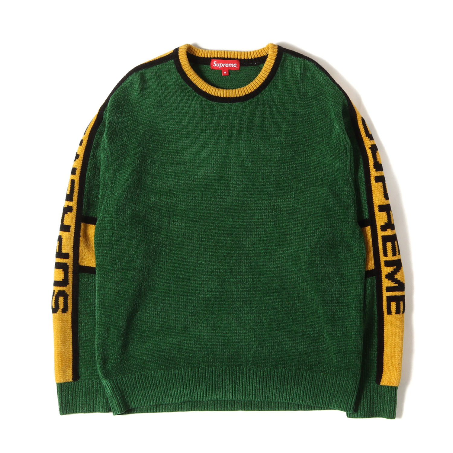 Supreme シュプリーム ニット グリーン イエロー サイズ:M | 22AW アームロゴ ストライプ シェニール クルーネック ニット (Stripe Chemille Sweater) | トップス セーター【メンズ】【中古】【K4857】｜ブランド古着のBEEGLE by Boo-Bee