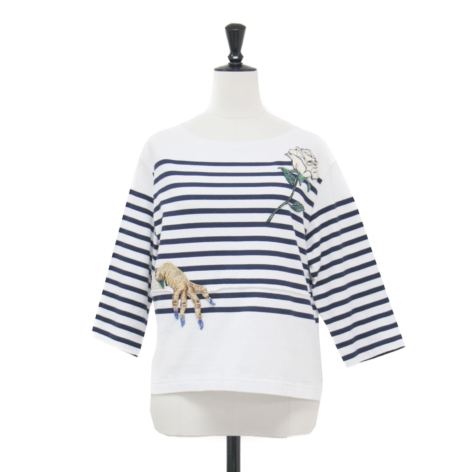UNDERCOVER アンダーカバー Tシャツ ホワイト ネイビー 白紺 | 25春夏 伊勢丹新宿店限定 リメイク ボーダー Tシャツ / カットソー バスクシャツ 七分袖 ボートネックビーズ刺繍 コットン | トップス【レディース】【中古】【K4857】｜ブランド古着のBEEGLE by Boo-Bee