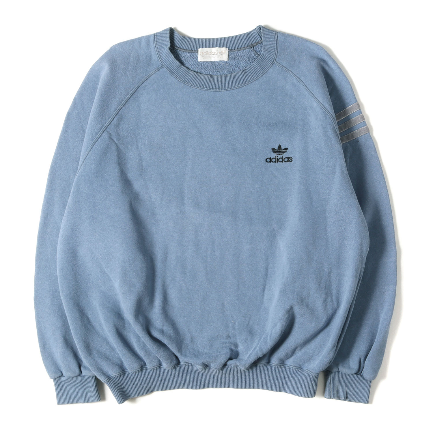 adidas vintage アディダスヴィンテージ スウェット ライトブルー 青 サイズ:M-L | DESCENTE製 80s 3本ライン トレフォイル クルーネック ラグラン スウェット【メンズ】【中古】【K4778】