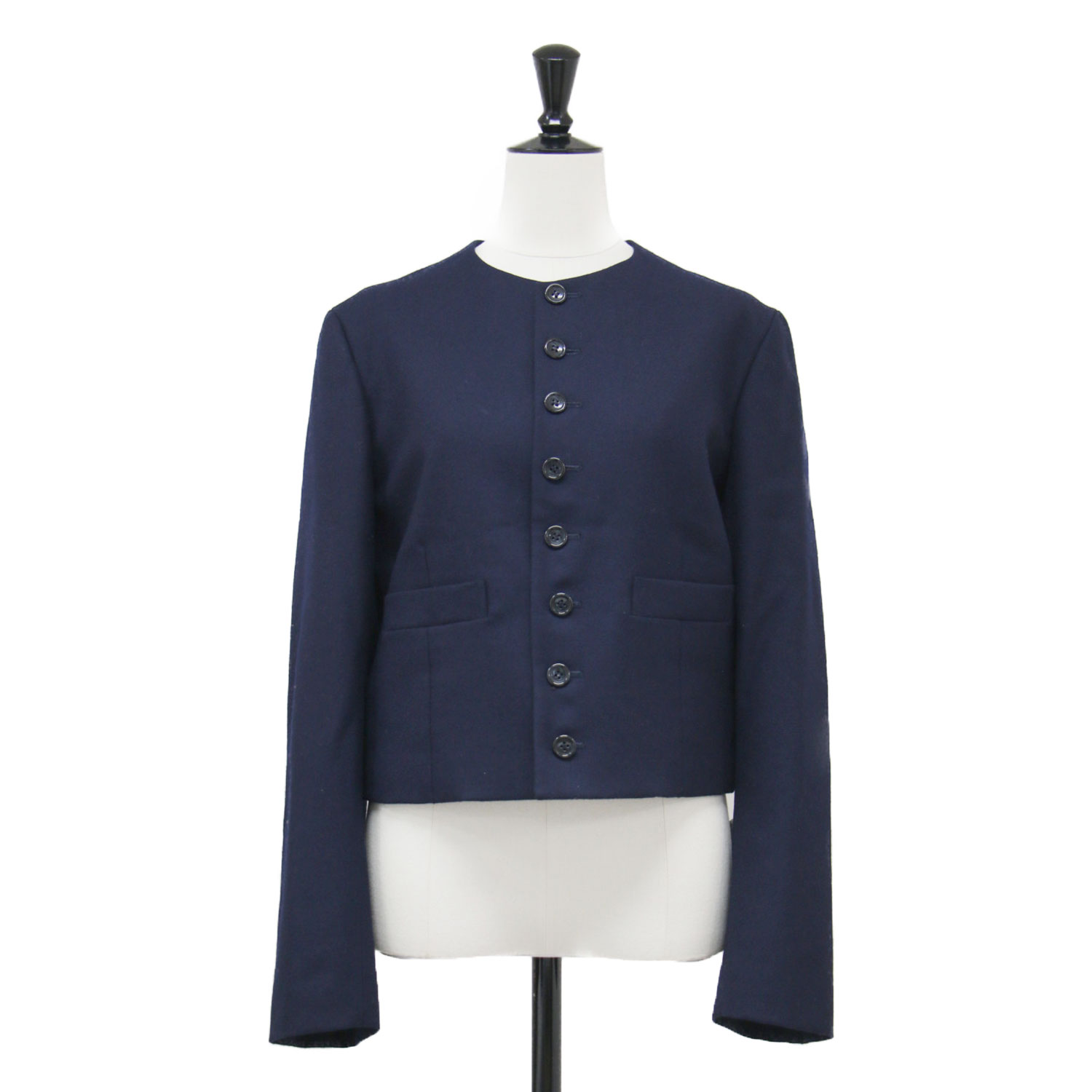 tricot COMME des GARCONS トリコ コム デ ギャルソン ジャケット ネイビー 紺 サイズ:Ｍ | ウール ノーカラー ジャケット / ボレロ | 長袖 コンパクト クルーネック | 日本製 | アウター ブルゾン 上着【レディース】【中古】【K4785】