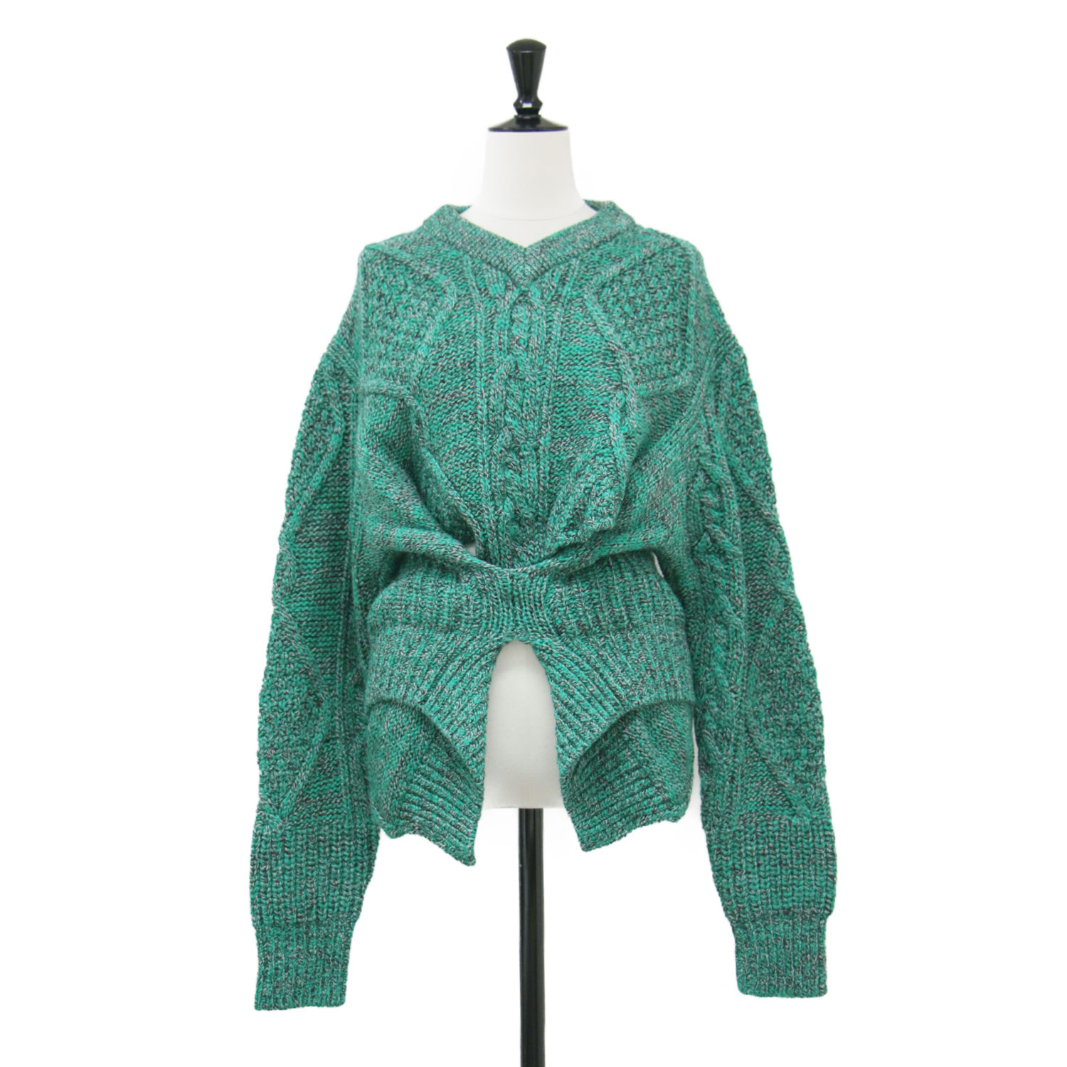 TOGA PULLA トーガ プルラ ニット グリーン系 サイズ:36(S) | 22秋冬 ケーブル ニット トップ | CABLE KNIT TOP | プルオーバー Vネック 長袖 変形 ウール | トップス セーター【レディース】【中古】【美品】【K4874】｜ブランド古着のBEEGLE by Boo-Bee