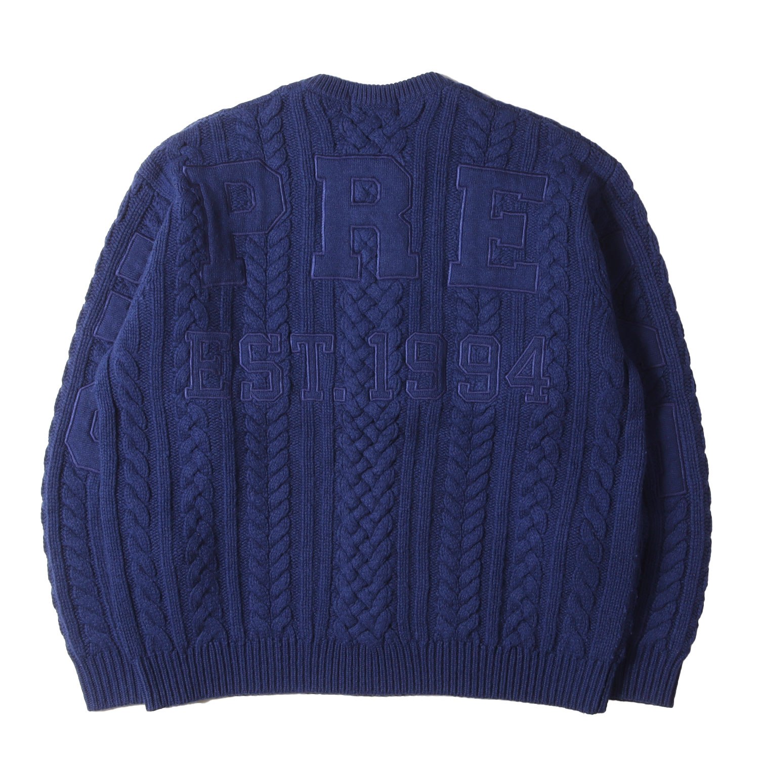 Supreme シュプリーム ニット ネイビー 紺 サイズ:L | 23AW ビッグロゴ ケーブル編み ウールニット セーター (Appliqu Cable Knit Sweater) | トップス プルオーバー【メンズ】【中古】【K4775】