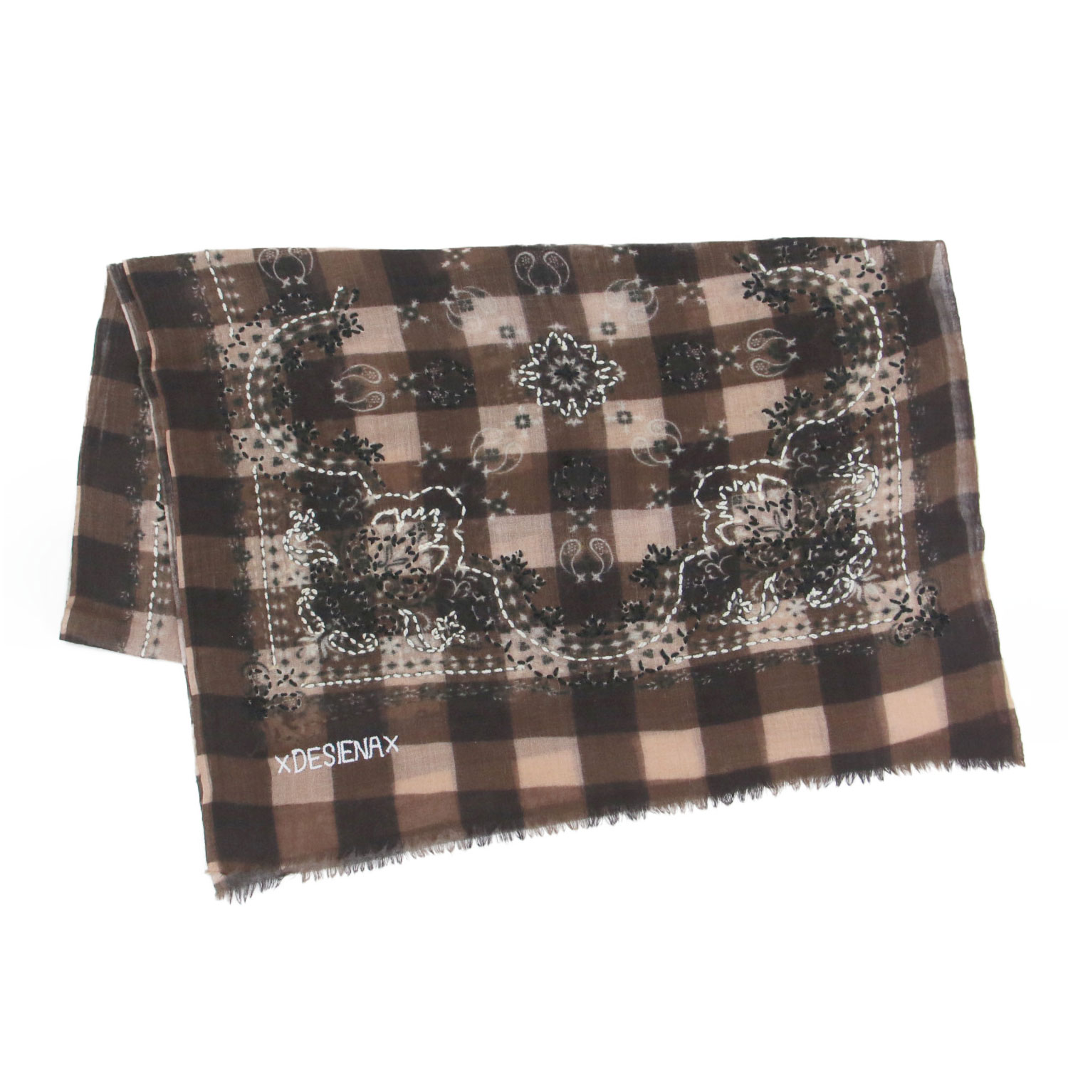 DE SIENA デ・シエナ ストール | 25秋冬 ギンガムチェック ウールストール | GINGHAM WOOL STOLE | スカーフ 大判 バンダナ柄 アラベスク模様 フリンジ ロゴ ブラウン | ブランド ファッション アイテム【レディース】【中古】【K4805】