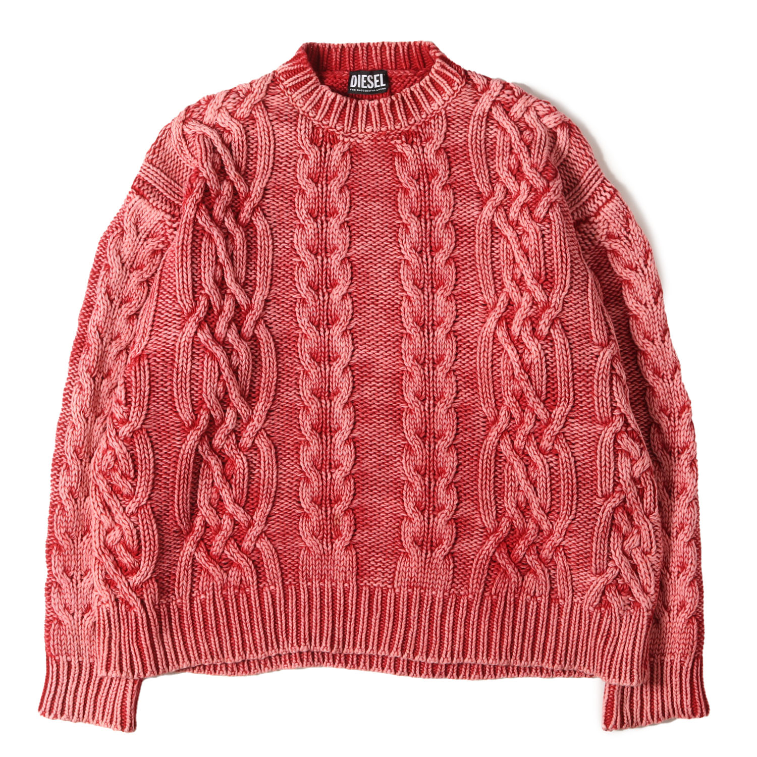 DIESEL ディーゼル ニット レッド ピンク サイズ:M | ブリーチ加工 ケーブル編み ヘビー コットンニット セーター (K-ELSIUS) | トップス プルオーバー【メンズ】【中古】【K4746】｜ブランド古着のBEEGLE by Boo-Bee 16,235円