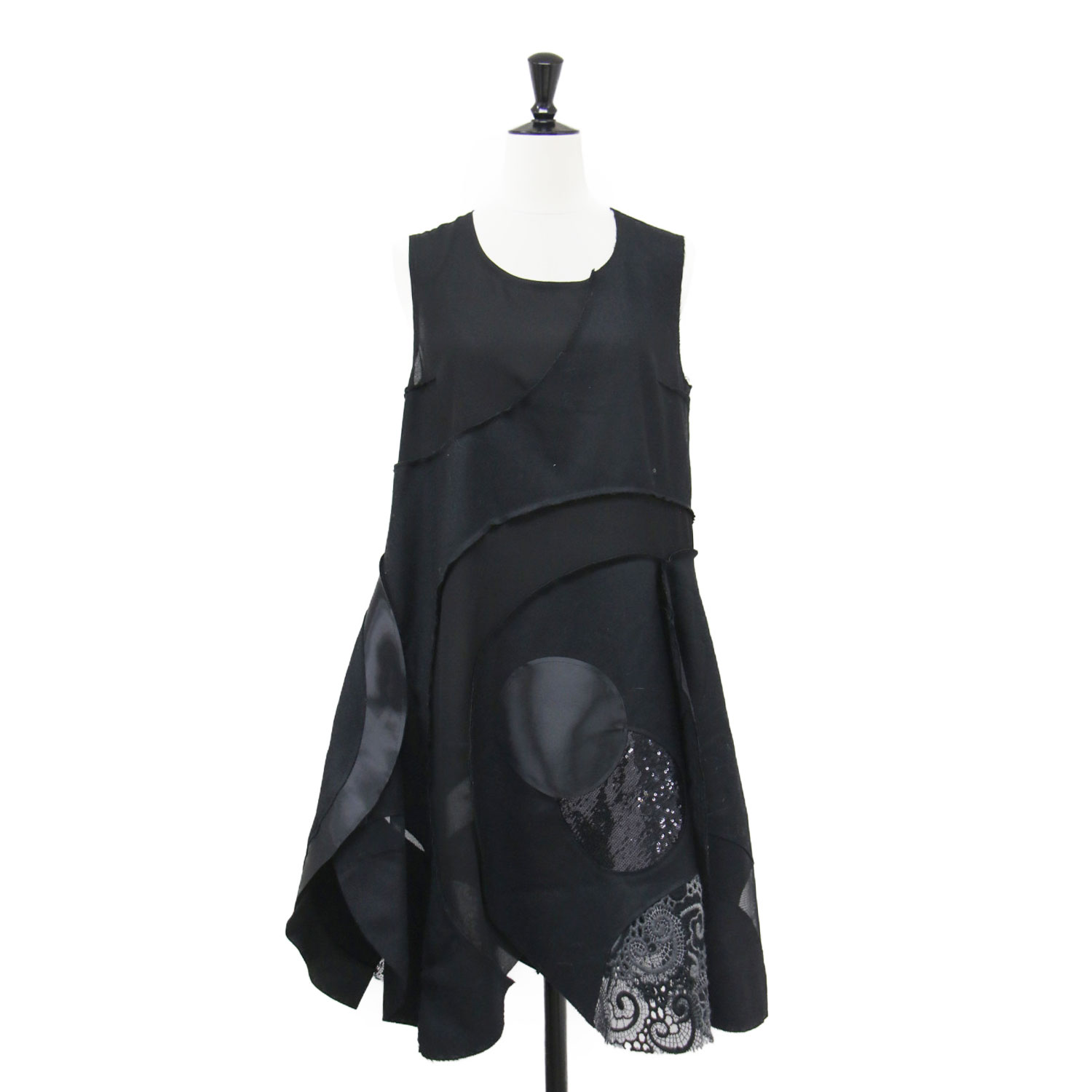 JUNYA WATANABE COMME des GARCONS ジュンヤワタナベ ワンピース ブラック 黒 サイズ:XS | パッチワーク ノースリーブ ワンピース JN-O026 | ミディ丈 フレア アシンメトリー ウール | 日本製 | トップス ドレス【レディース】【中古】【K4746】