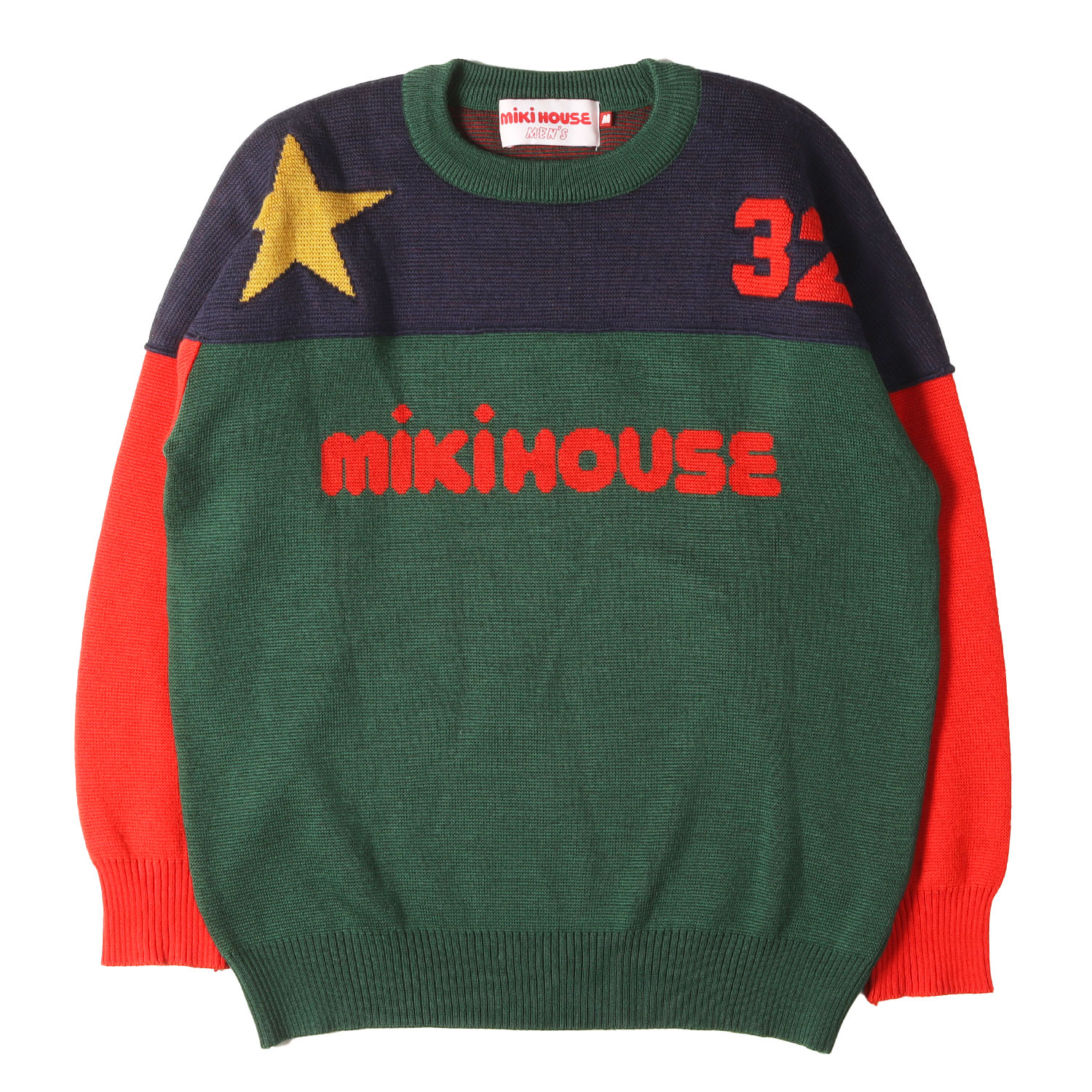 90s - 00s ヴィンテージ古着 | 希少 メンズサイズ | 90s ロゴ スター ナンバリング カップショルダー クルーネック ニット | miki HOUSE ミキハウス | グリーン ネイビー レッド | サイズ:M(メンズ) | 90年代 | トップス セーター 日本製【メンズ】【中古】【K4874】｜ブランド古着のBEEGLE by Boo-Bee