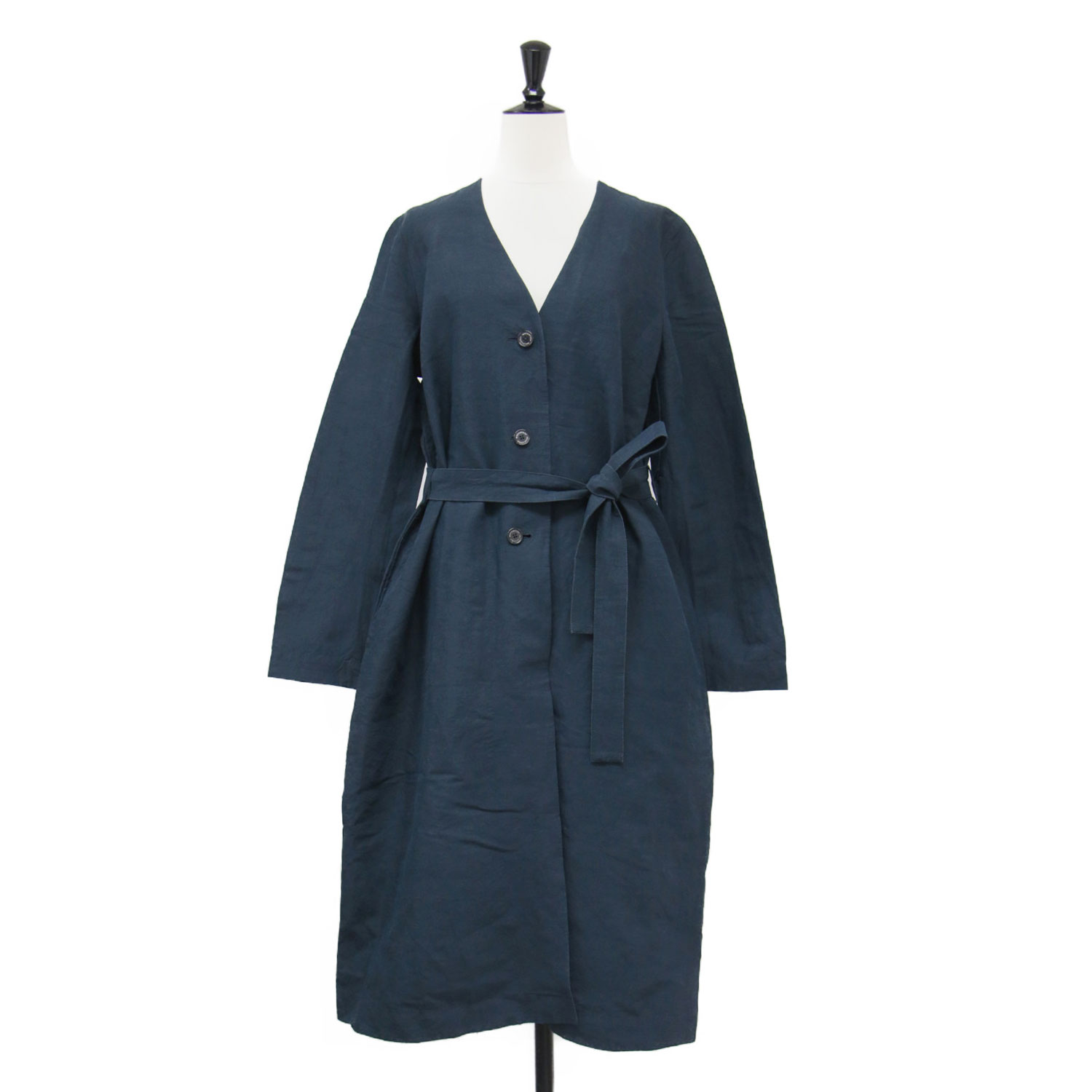 MACKINTOSH PHILOSOPHY マッキントッシュ コート ネイビー 紺 サイズ:38(M) | リネン ノーカラーコート / スプリングコート 羽織り ロング丈 Aライン 長袖 Vネック ボタンダウン ベルト付き | アウター ジャケット 上着【レディース】【中古】【K4780】