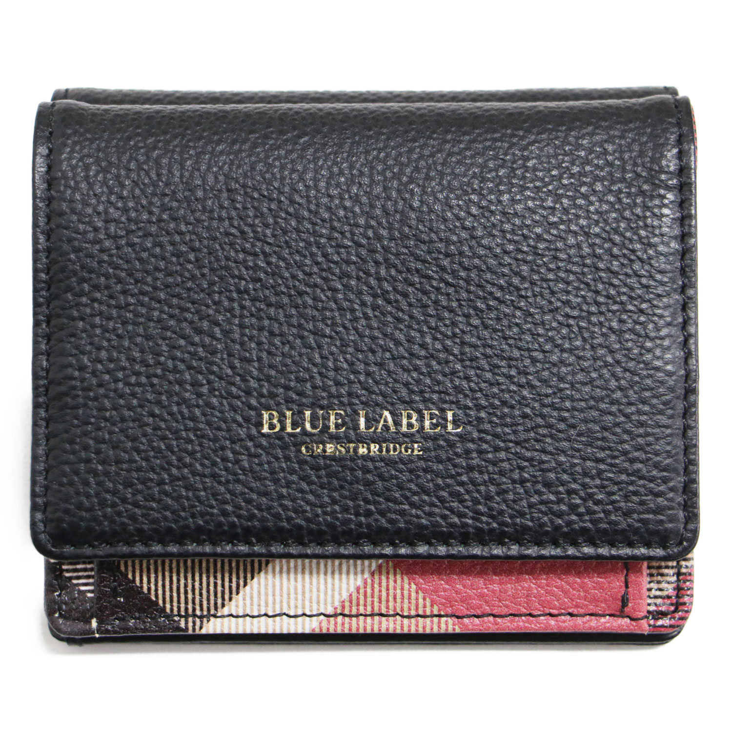 BLUE LABEL CRESTBRIDGE ブルーレーベル クレストブリッジ 財布 ブラック レッド系 | レザー チェック 二つ折り財布 / ミニウォレット | スナップボタン ボックス型 ロゴ 短財布 | ブランド ファッション アイテム【レディース】【中古】【K4786】