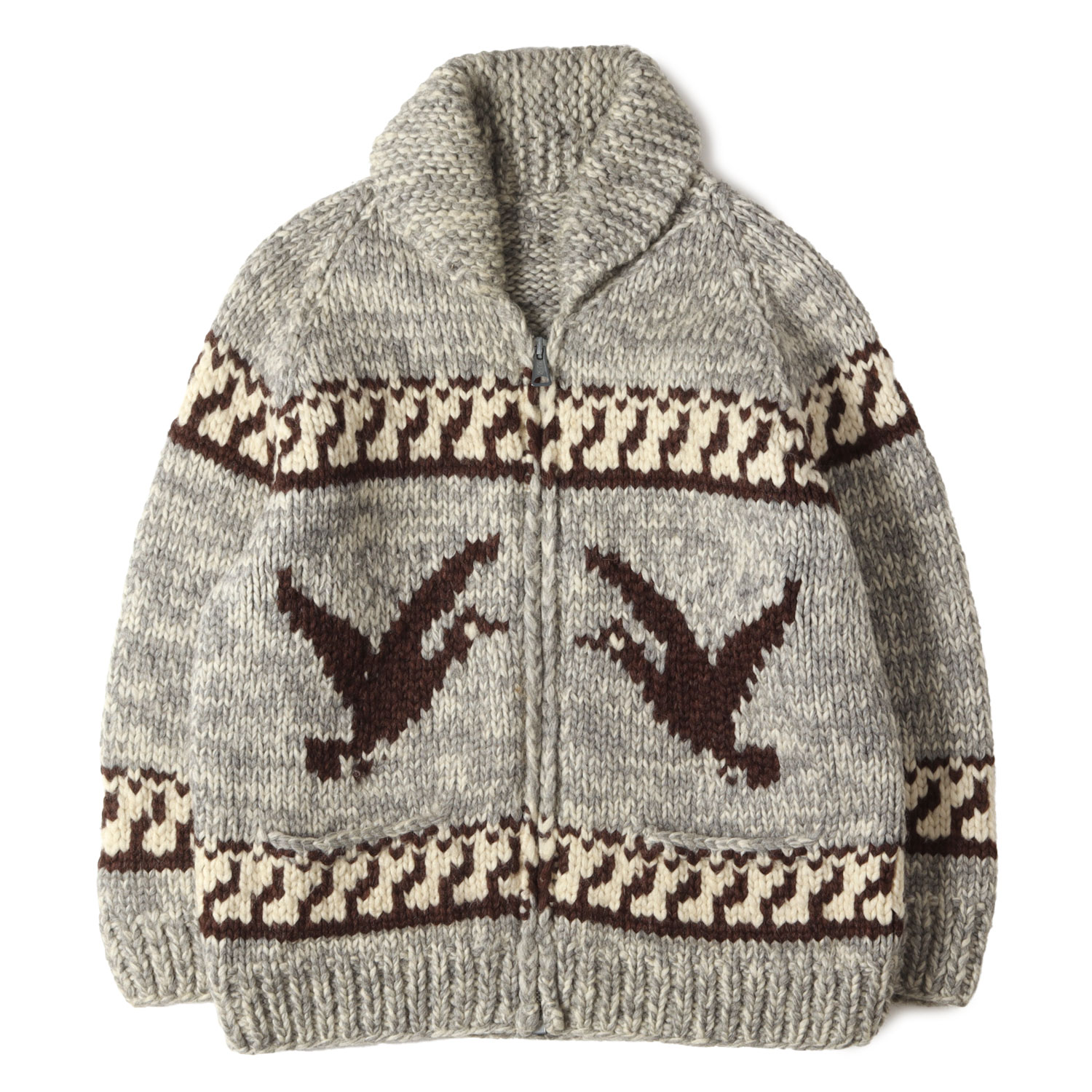 Canadian Knit Brand カナディアンニットブランド カウチン グレー サイズ:L相当 | 60s バード柄 CLIXジッパー カウチンニット | カナダ製 SWAN スワン | 60年代 ヴィンテージ 古着 | トップス カーディガン セーター【メンズ】【中古】【K4752】
