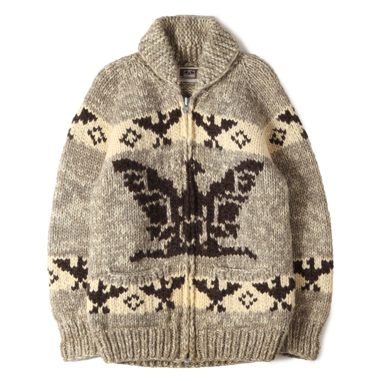 Canadian Knit Brand カナディアンニットブランド カウチン モカ サイズ:M相当 | 90s サンダーバード柄 フルジップ カウチンニット | カナダ製 LONGHOUSE ロングハウス | 90年代 ヴィンテージ 古着 | トップス カーディガン セーター【メンズ】【中古】【K4752】｜ブランド古着のBEEGLE by Boo-Bee