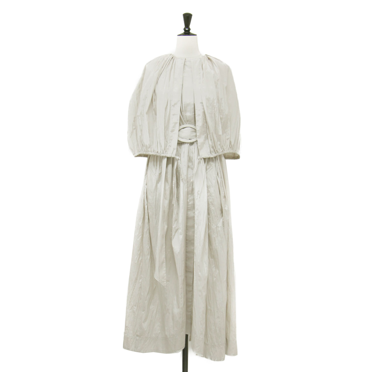 IRENE アイレネ ワンピース ライトベージュ サイズ:36(M) | 23秋冬 ケープ ロング ワンピース | Wrinkle Cape Dress | 半袖 ベルト付き ギャザー ワッシャー加工 コットン | トップス ドレス 日本製【レディース】【中古】【美品】【K4752】