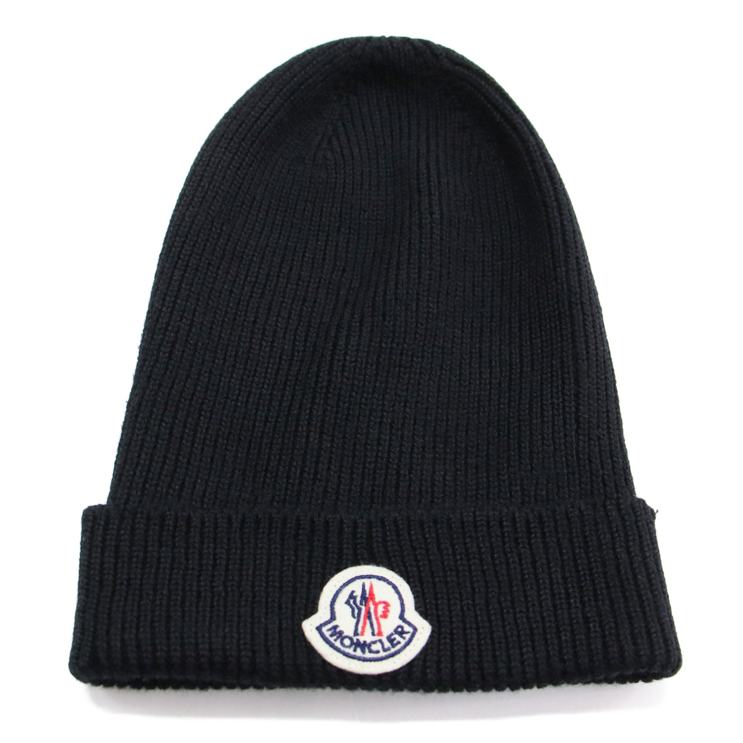 MONCLER モンク軌跡 編み物旗がしら 黒いこと 黒 大きさ:UNI(56-60珊) | ロゴタイプ 紋章 編み物旗がしら / 鳥打ち帽 肋筋 羊毛 | ブランド名 鳥打ち帽 ビーニー【レディース】【中古】【K4837】