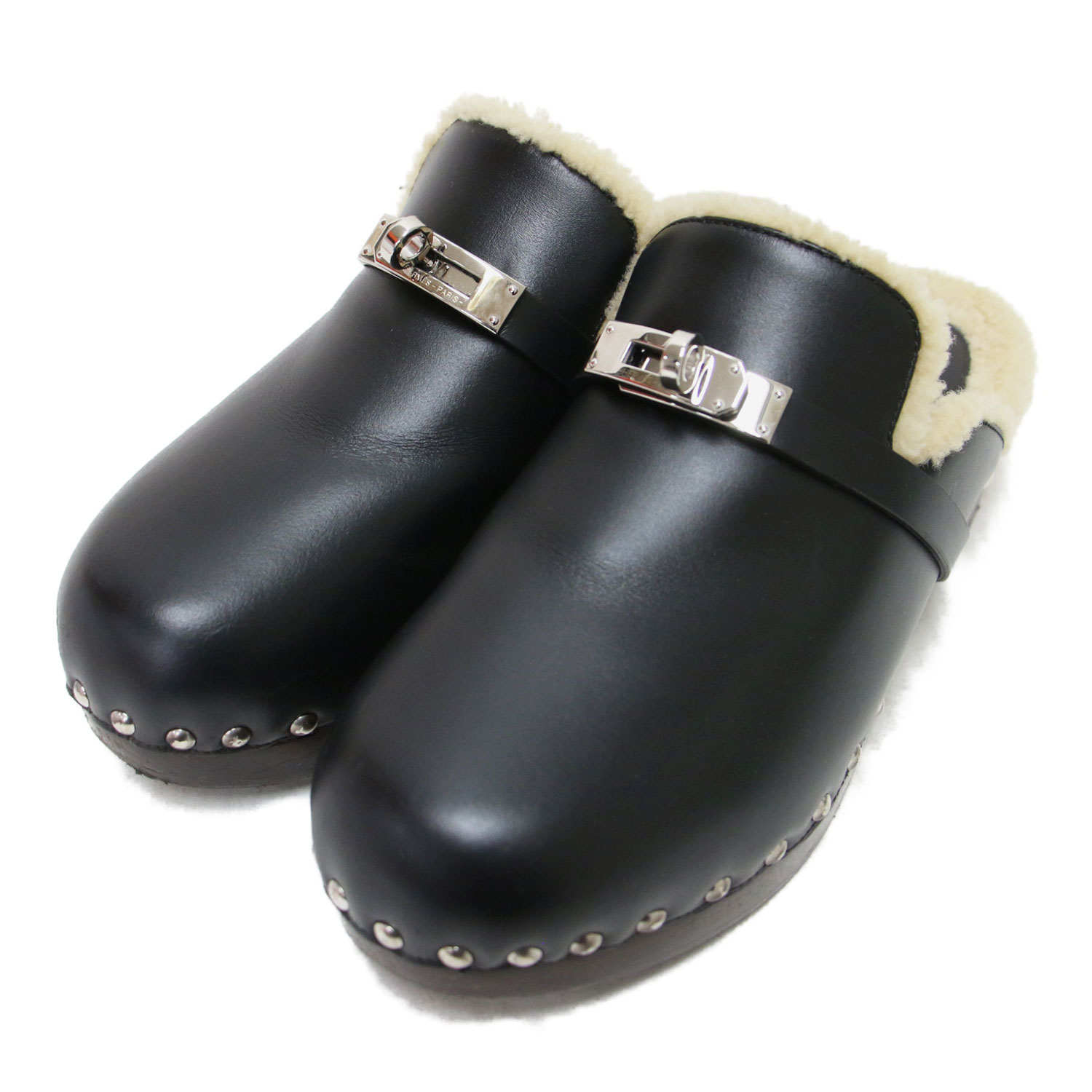 HERMES エルメス 大きさ:37(24.0糎) | カルロッタ 羊肉 サンダル | CARLOTTA | 下駄 ウッドソール バックル ボア なめし革 | 黒いこと 黒 | ブランド名 シューズ 靴【レディース】【中古】【K4839】