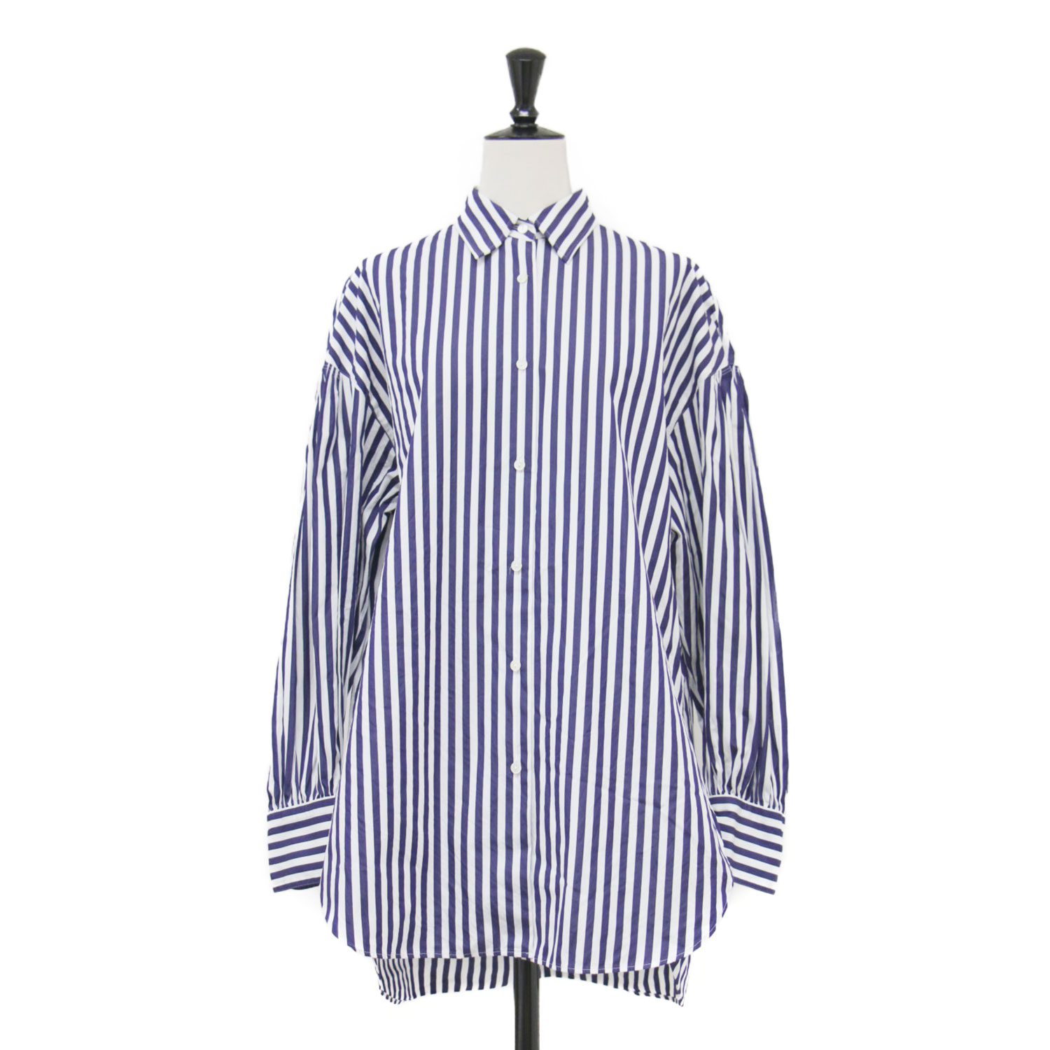 allureville アルアバイル シャツ ネイビー 紺 サイズ:2(M) | 22春夏 袖ギャザーロングシャツ | THOMAS MASON | ブラウス チュニック 長袖 ロング丈 バンドカラー オーバーサイズ コットン | トップス カジュアルシャツ【レディース】【中古】【K4774】