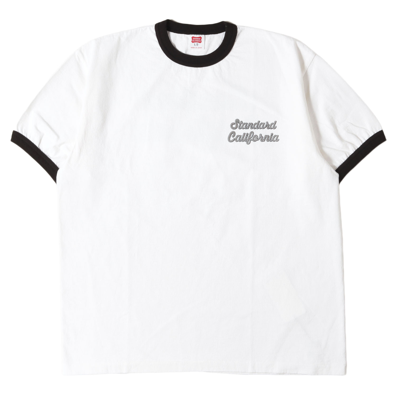 STANDARD CALIFORNIA 標準尺度黄金州 プルオーバー 白いこと 黒いこと モノクローム 大きさ:L | 25SS 脚本 ロゴタイプ リンガーネック 刈り込み プルオーバー (SD US Cotton Script Logo Ringer T) | トップス カットソー 半袖【メンズ】【中古】【美品】【K4837】