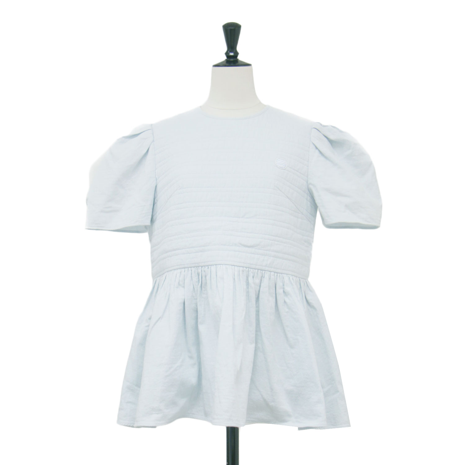 BORDERS at BALCONY ボーダーズアットバルコニー ブラウス サックス サイズ:38(M) | 21春夏 リゾートフレアトップ / プルオーバー | ラウンドネック 半袖 バックファスナー ペプラム 刺繍 | トップス カットトップス | 日本製【レディース】【中古】【K4777】