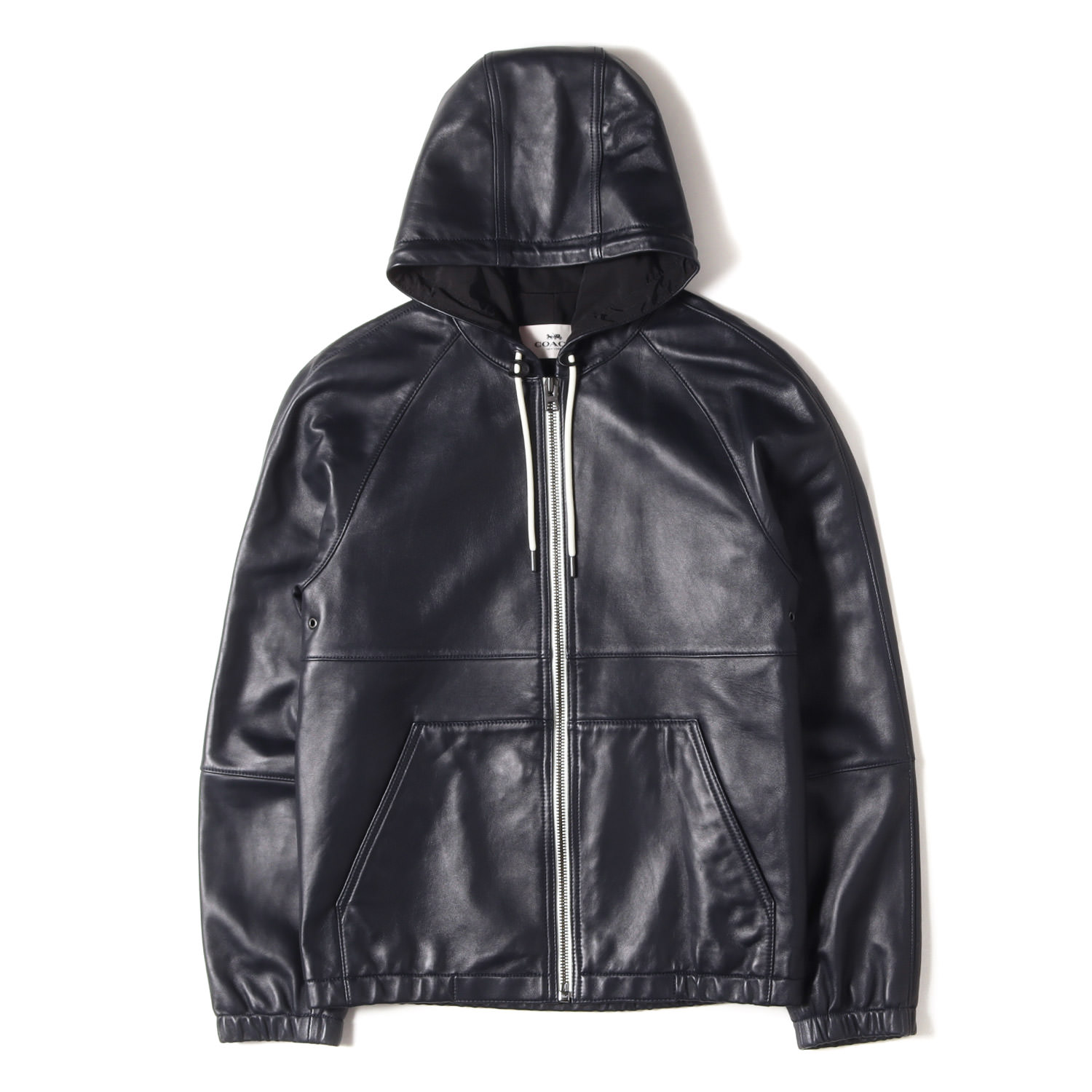COACH コーチ ブルゾン ネイビー 紺 サイズ:S | ラムレザー フーデッド フルジップ ブルゾン (LAMB LEATHER HOODED JACKET) | アウター ジャケット 上着【メンズ】【中古】【K4785】