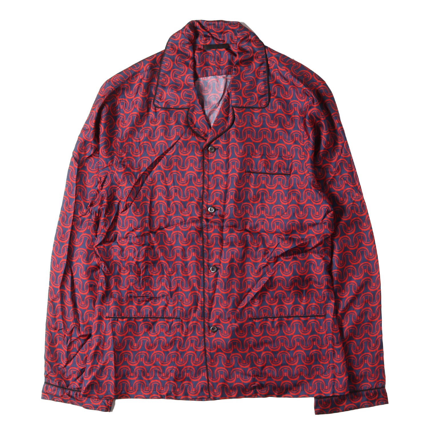 PRADA プラダ シャツ ネイビー レッド サイズ:S | チェーンリンク総柄 シルク パジャマ オープンカラー ボタンシャツ (PJ8B64 1RPR) | イタリア製 トップス カジュアルシャツ 長袖【メンズ】【中古】【K4857】｜ブランド古着のBEEGLE by Boo-Bee