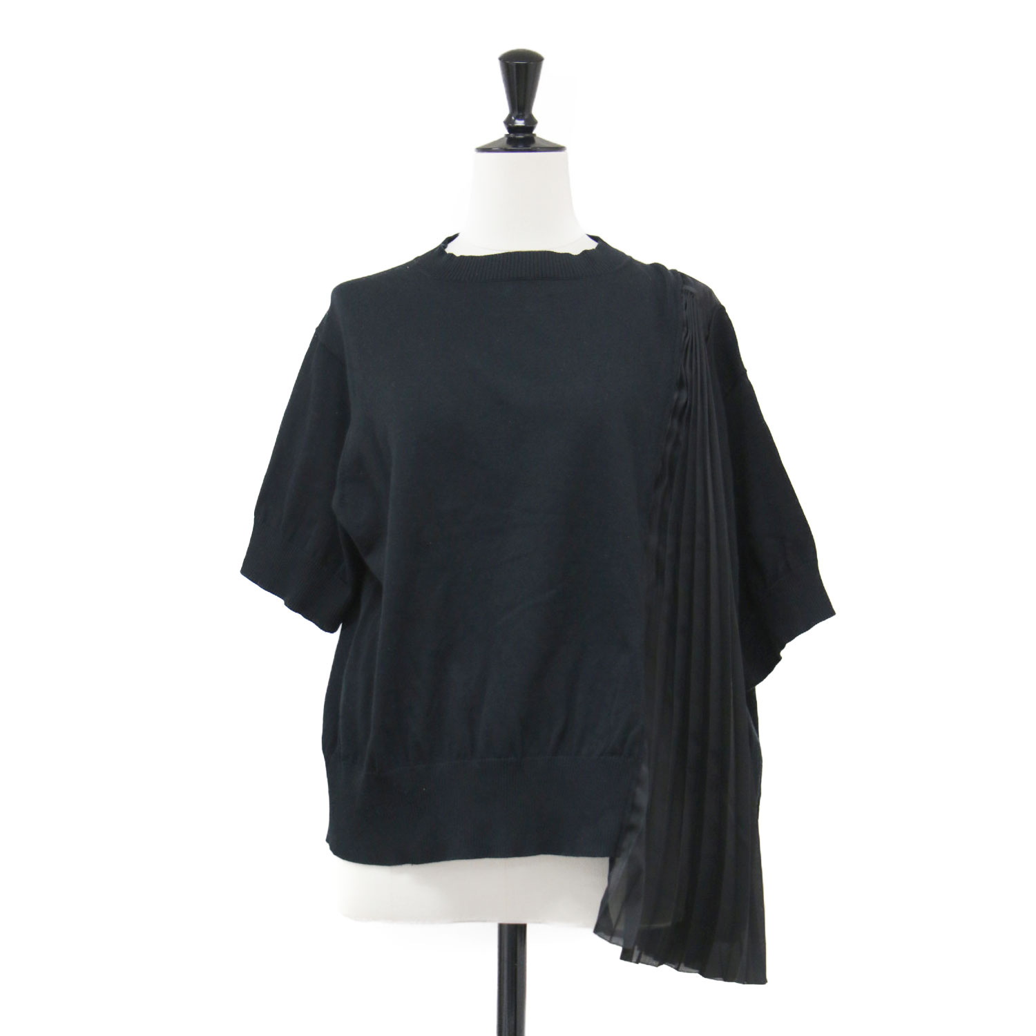 Sacai サカイ ニット ブラック 黒 サイズ:3(11号～13号) | 20春夏 ファブリックコンボ ニット プルオーバー / Fabric Combo Knit Pullover ボトルネック 半袖 アシンメトリー 異素材 シアー コットン| トップス【レディース】【中古】【K4779】