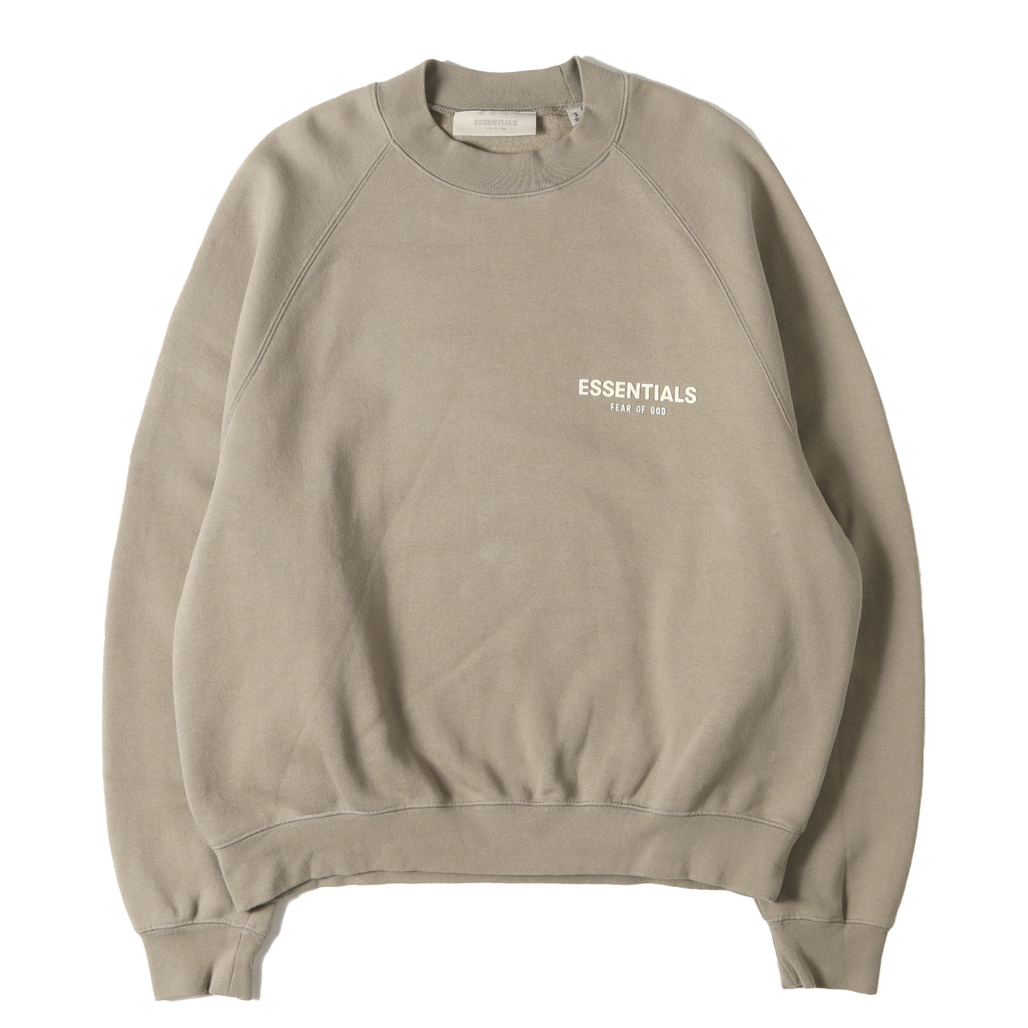 FEAR OF GOD フィアオブゴッド 汗水 トープ系 大きさ:S | FOG ESSENTIALS フロッキープリント ラグラン トレーナー | トップス 調教師【メンズ】【中古】【K4840】