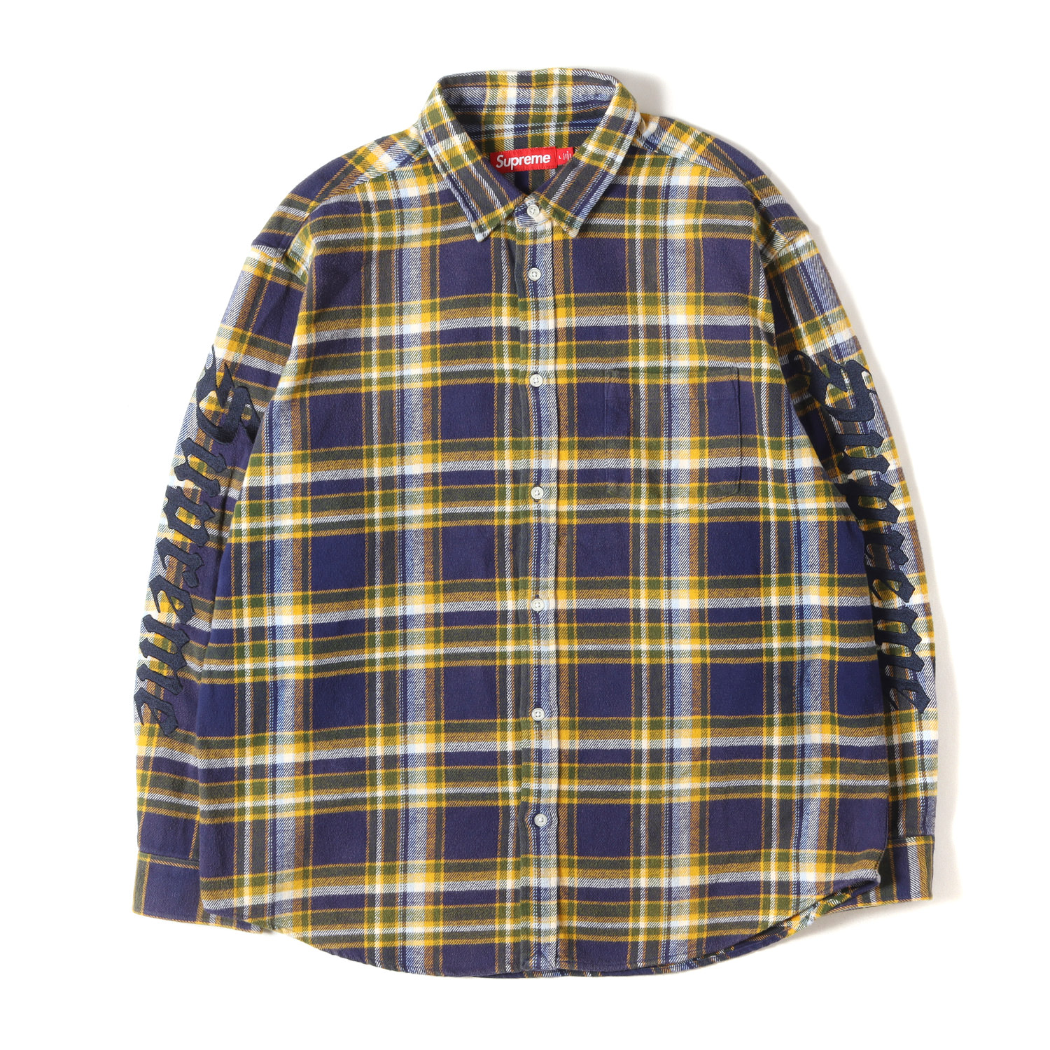 Supreme シュプリーム シャツ ネイビー イエロー サイズ:L | 25SS フェード加工 袖ロゴ刺繍 チェック フランネルシャツ(Old English Plaid Flannel Shirt) | トップス カジュアルシャツ 長袖【メンズ】【中古】【美品】【K4837】｜ブランド古着のBEEGLE by Boo-Bee