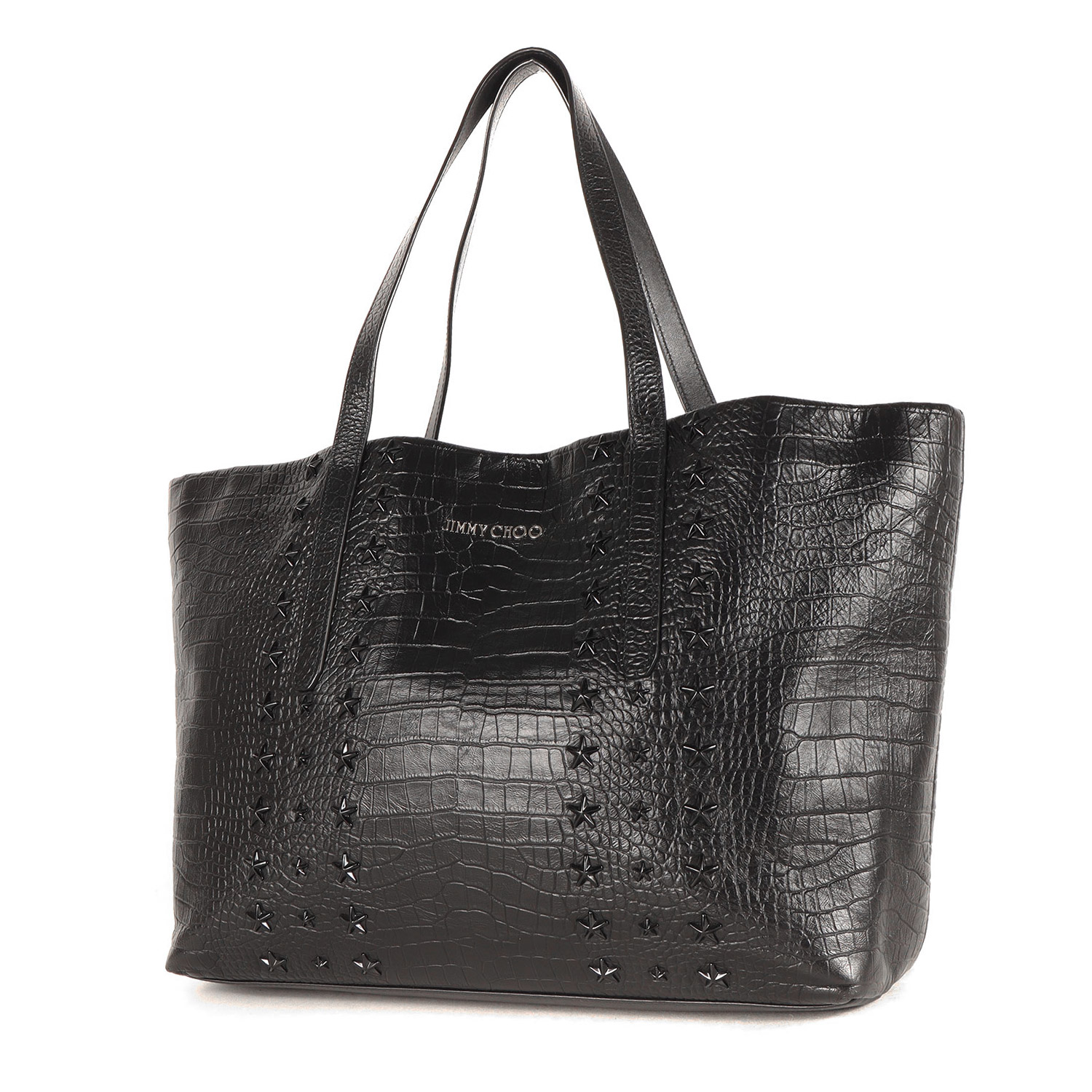 JIMMY CHOO ジミーチュウ 御徒面子 黒いこと 黒 | はやりっ子 スタッズ 型押し なめし革 ショルダートートバッグ / MADE IN ITALY | ブランド名 嚢【メンズ】【中古】【K4837】