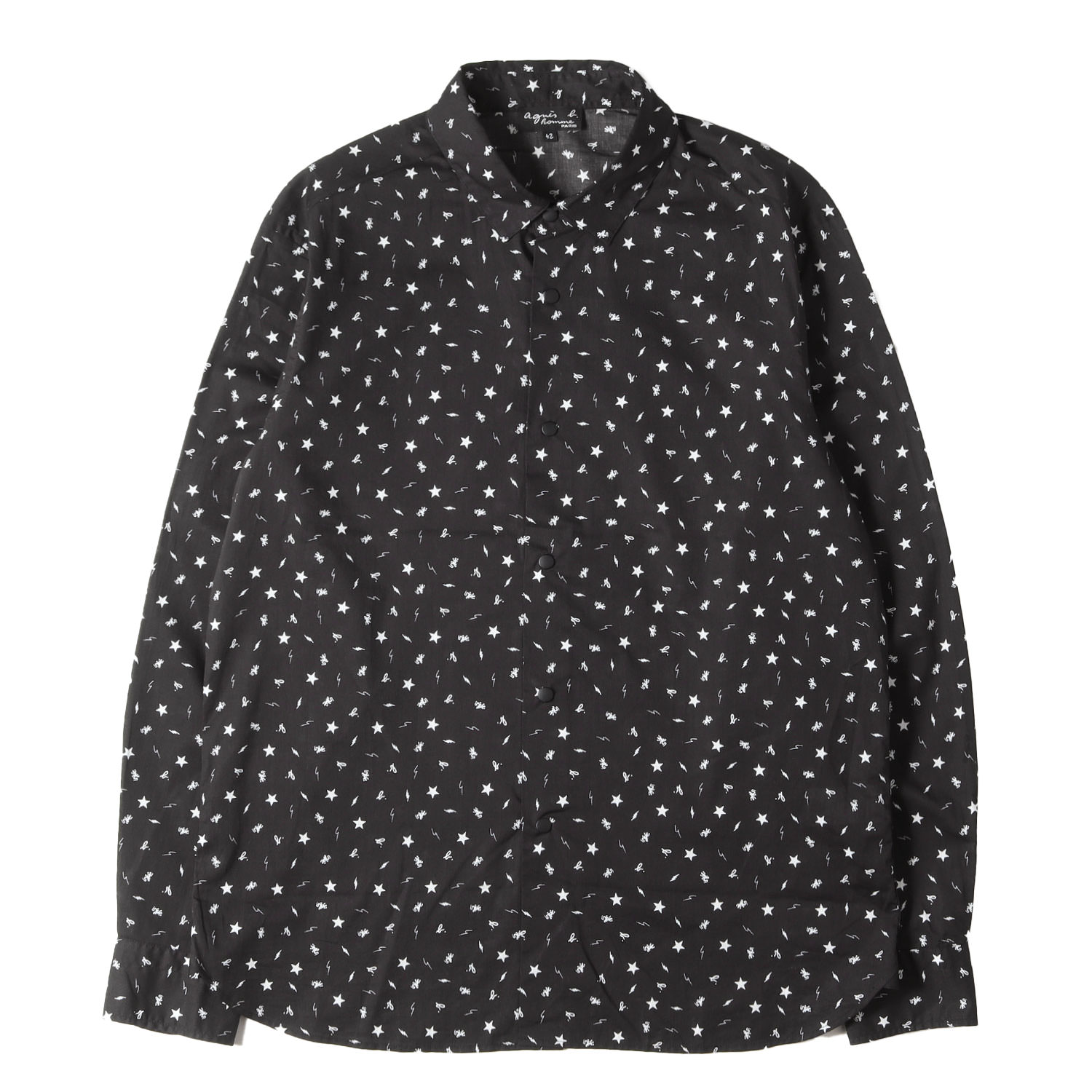agnes b. アニエスベー シャツ ブラック 黒 サイズ:42 | アイコン 総柄 ローン ドレス シャツ homme | 長袖トップス【メンズ】【中古】【美品】【K4777】